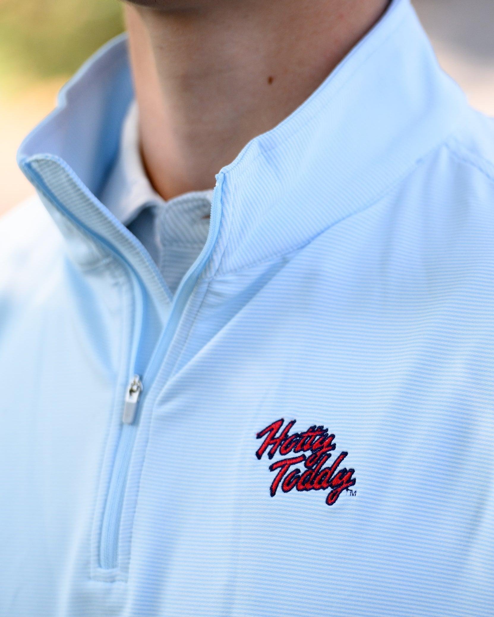 Ole Miss Light Blue Stripe ¼ Zip Pullover with script “Hotty Toddy” Embroidery