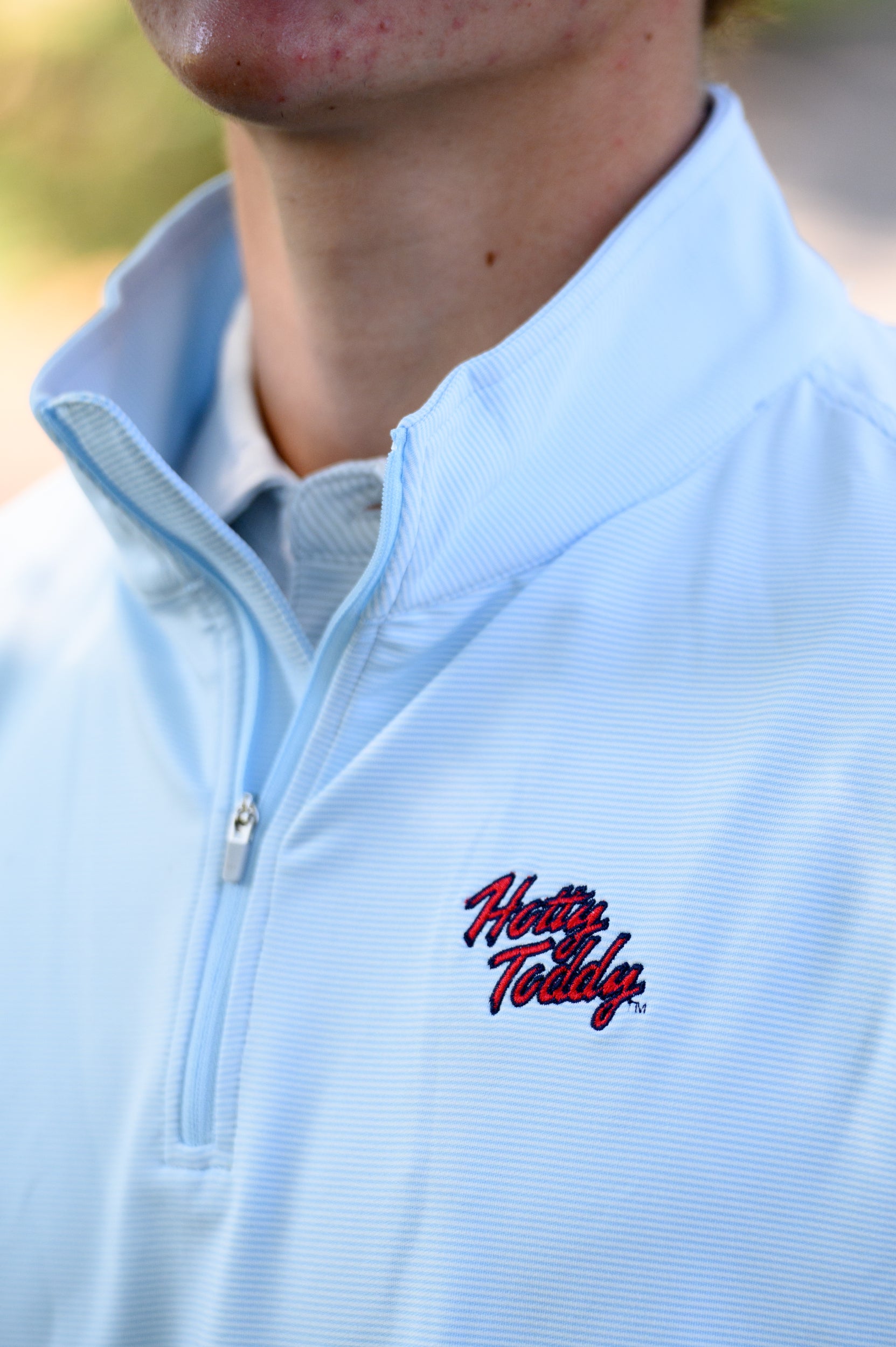 Ole Miss Light Blue Stripe ¼ Zip Pullover with script “Hotty Toddy” Embroidery