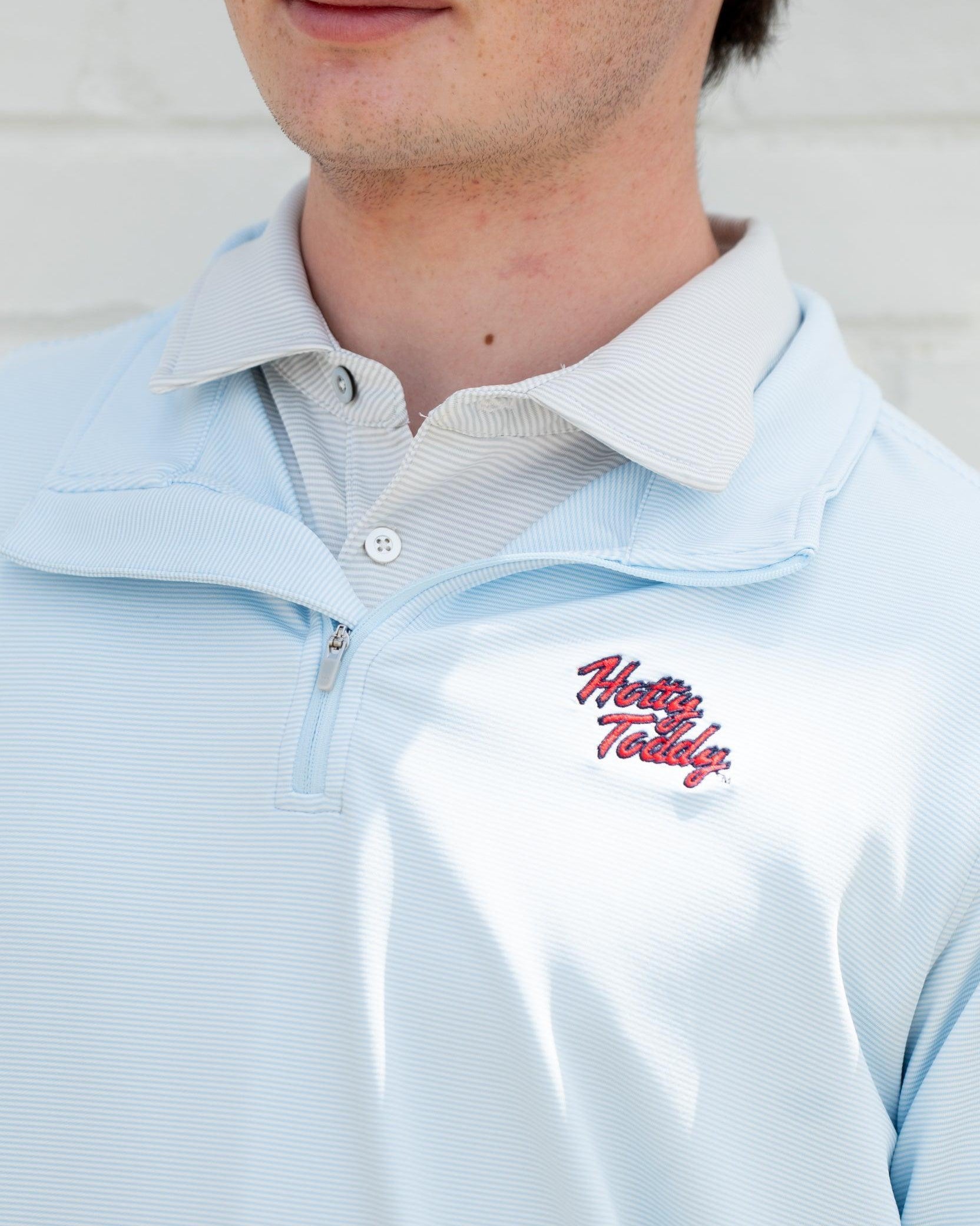 Ole Miss Light Blue Stripe ¼ Zip Pullover with script “Hotty Toddy” Embroidery