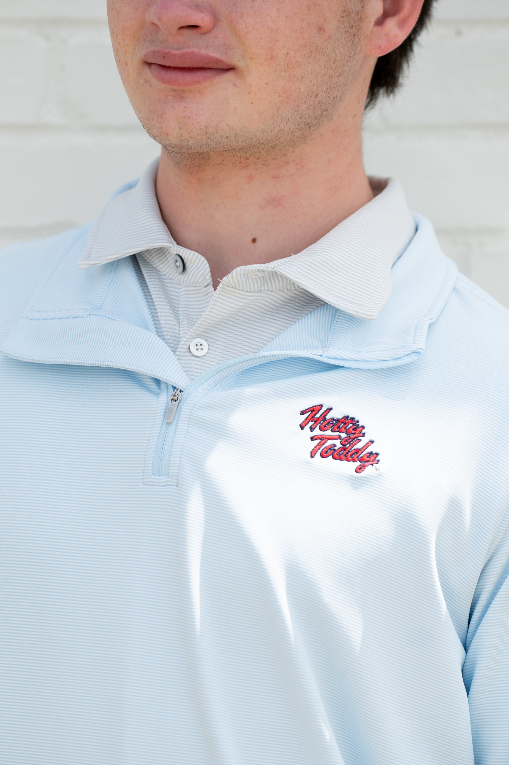 Ole Miss Light Blue Stripe ¼ Zip Pullover with script “Hotty Toddy” Embroidery