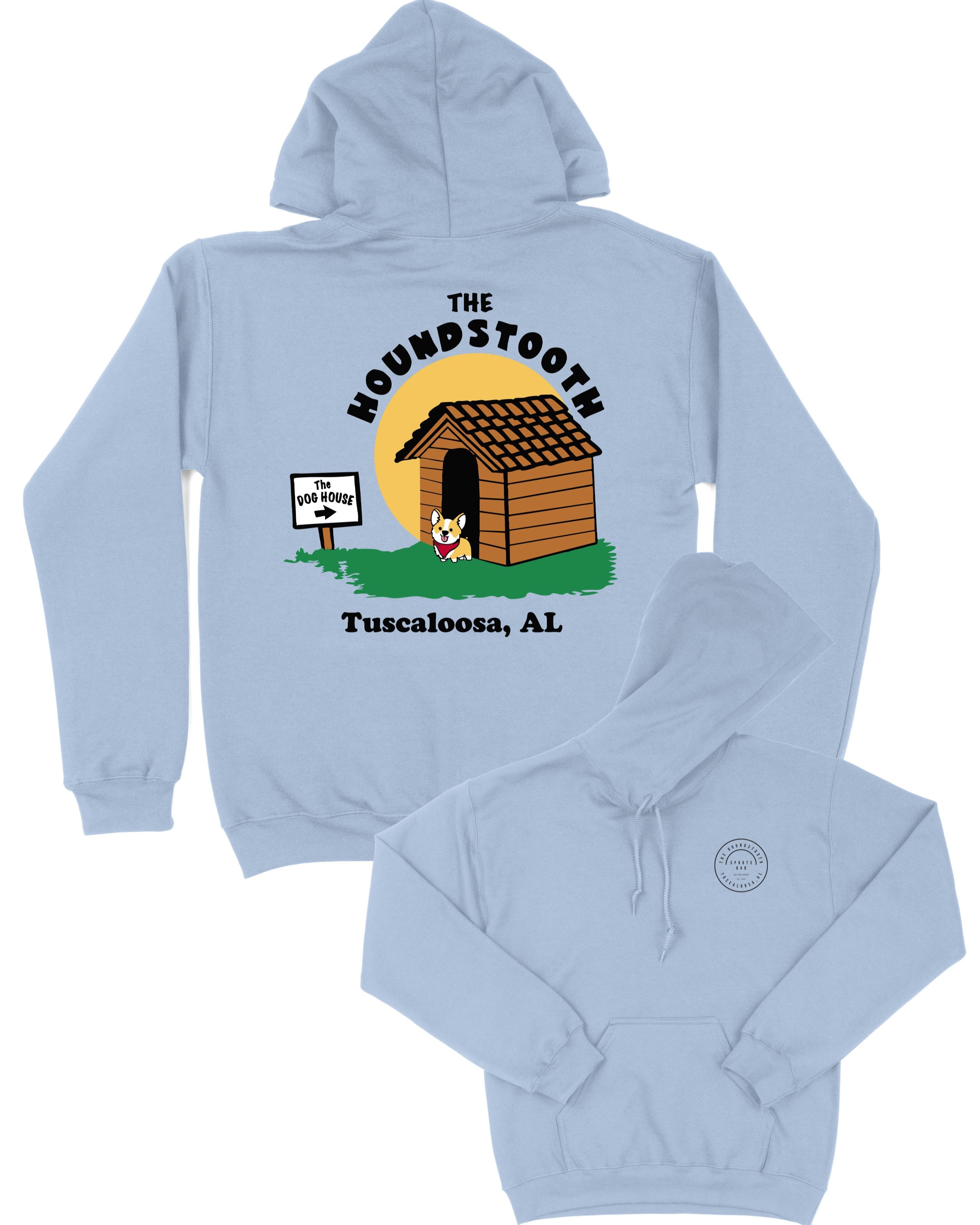 The Houndstooth Light Blue Hoodie with Black text "The Houndstooth" above an image of a corgi standing outside of a dog house