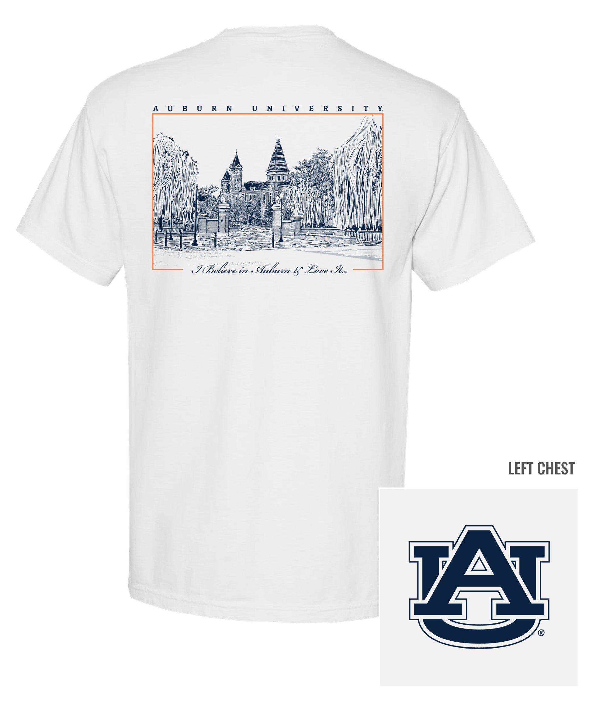 Auburn University White T-Shirt with a Navy illustration of Toomer’s Corner