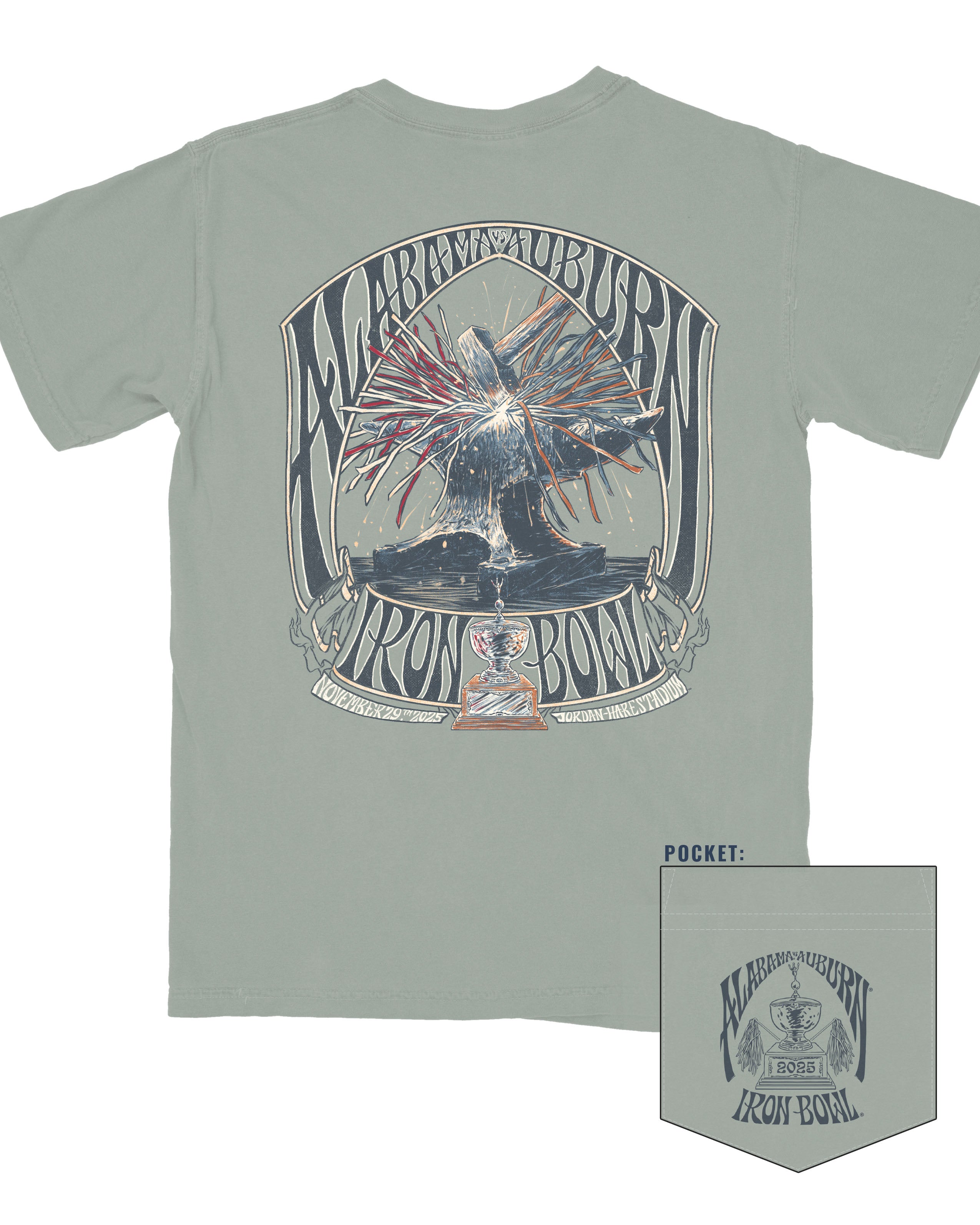 University of Alabama and Auburn University Dusty Green T-Shirt with a hammer striking an anvil with the “sparks” colored with the respective teams’ colors surrounded by text “Alabama Auburn” and “Iron Bowl”