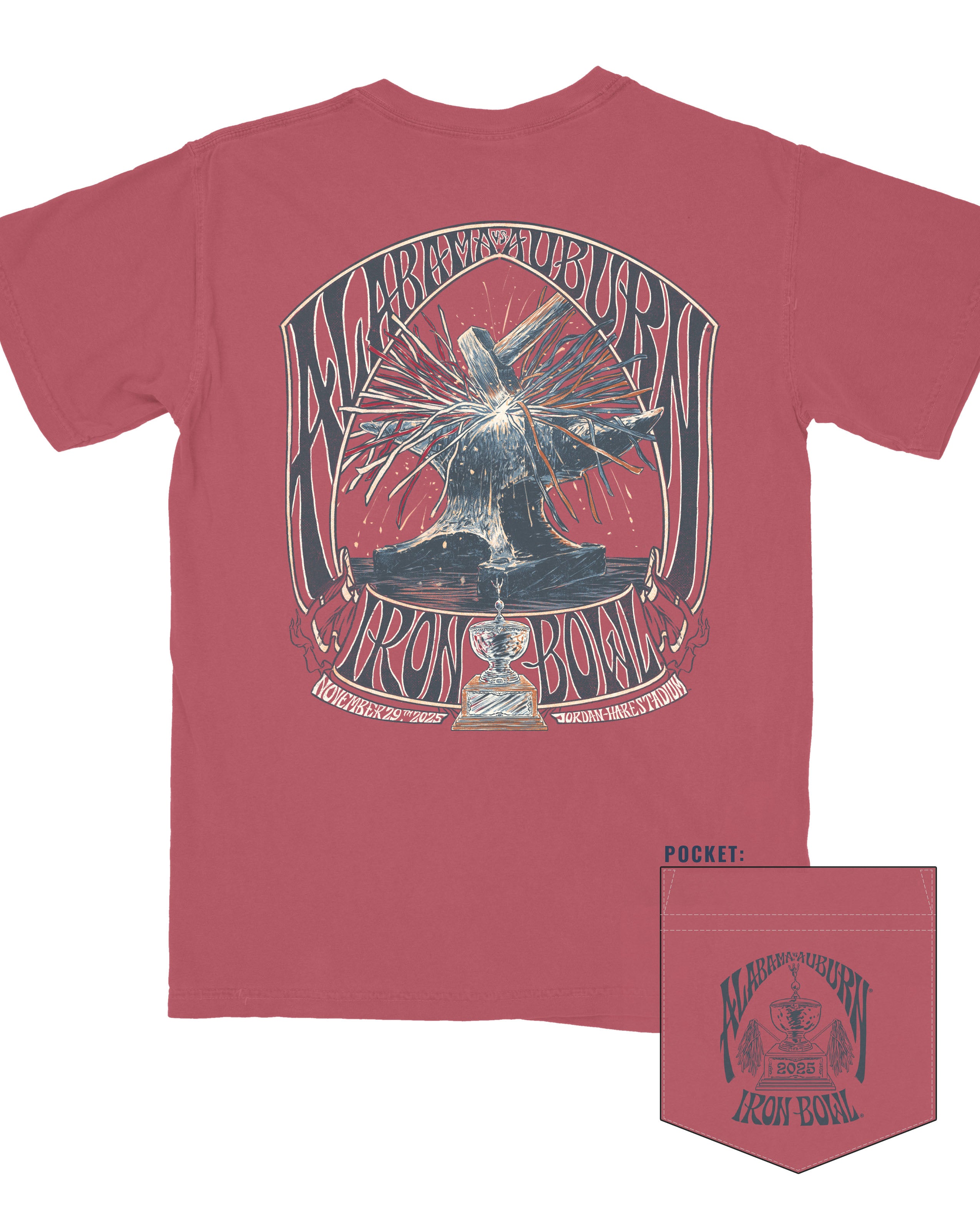 University of Alabama and Auburn University Red T-Shirt with a hammer striking an anvil with the “sparks” colored with the respective teams’ colors surrounded by text “Alabama Auburn” and “Iron Bowl”