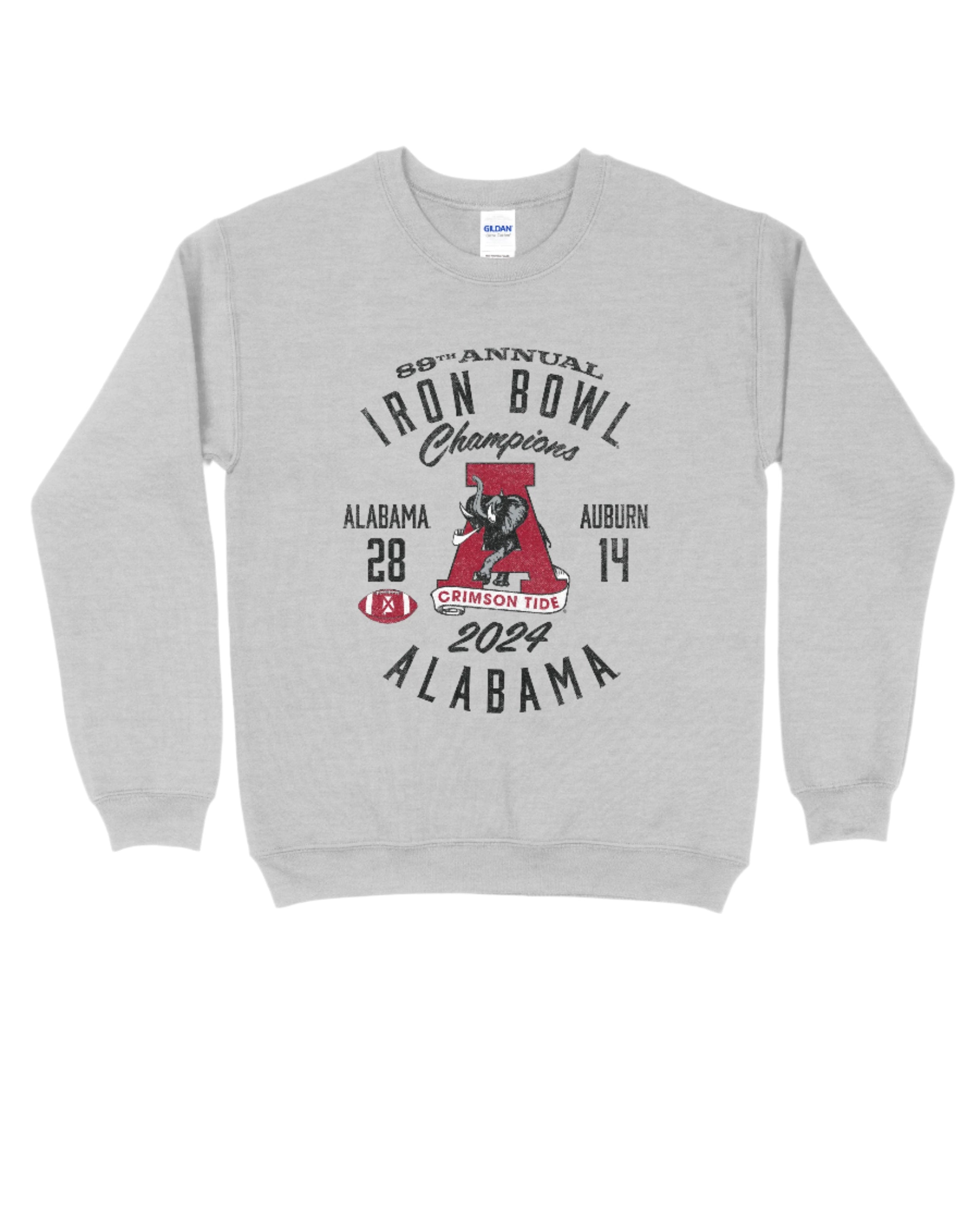 University of Alabama Grey 2024 Iron Bowl Champions Sweatshirts with the Vintage A logo surrounded by Black text detailing the winning score and the year