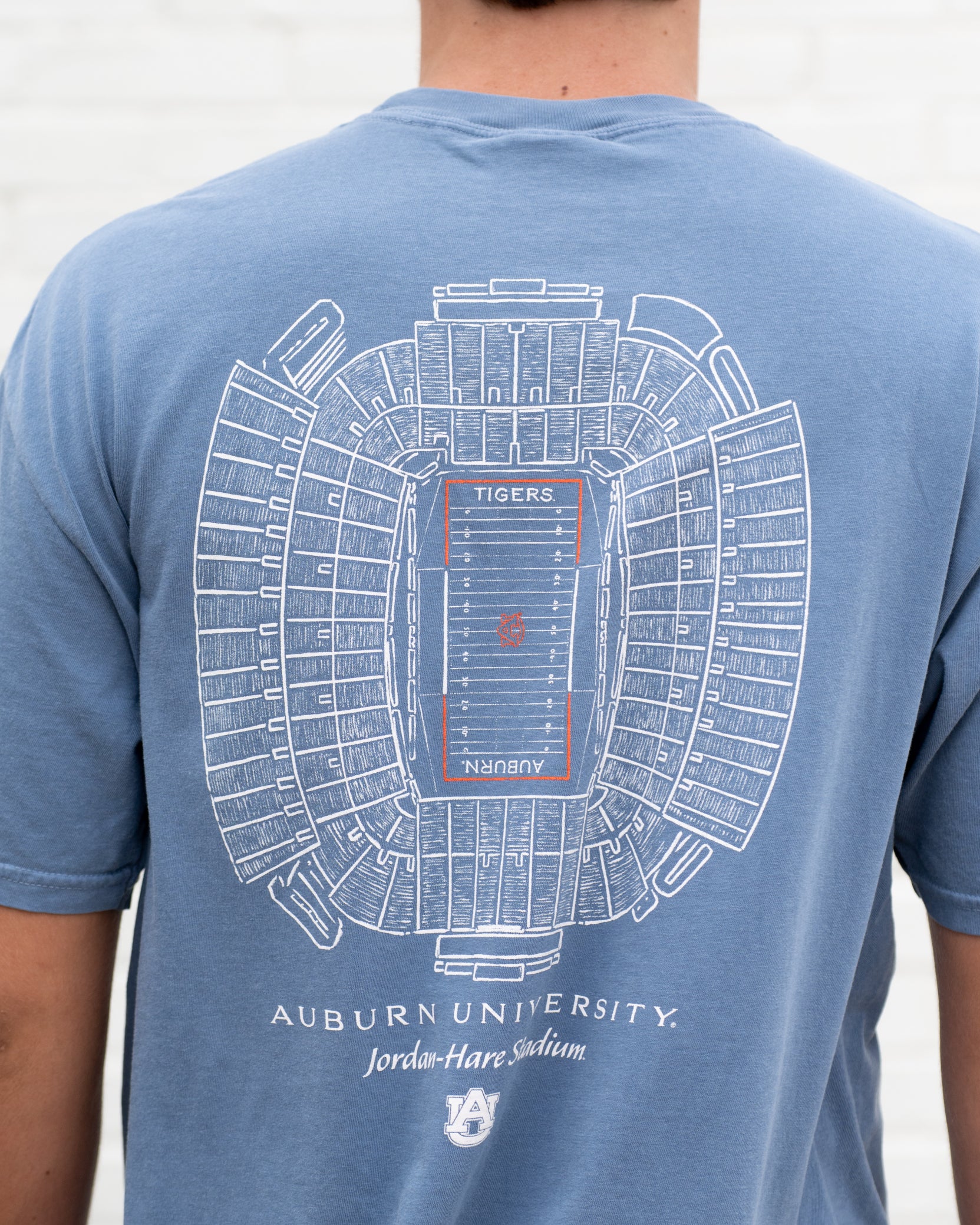 Auburn University Blue Jean T-Shirt with a blueprint of the Jordan-Hare Stadium