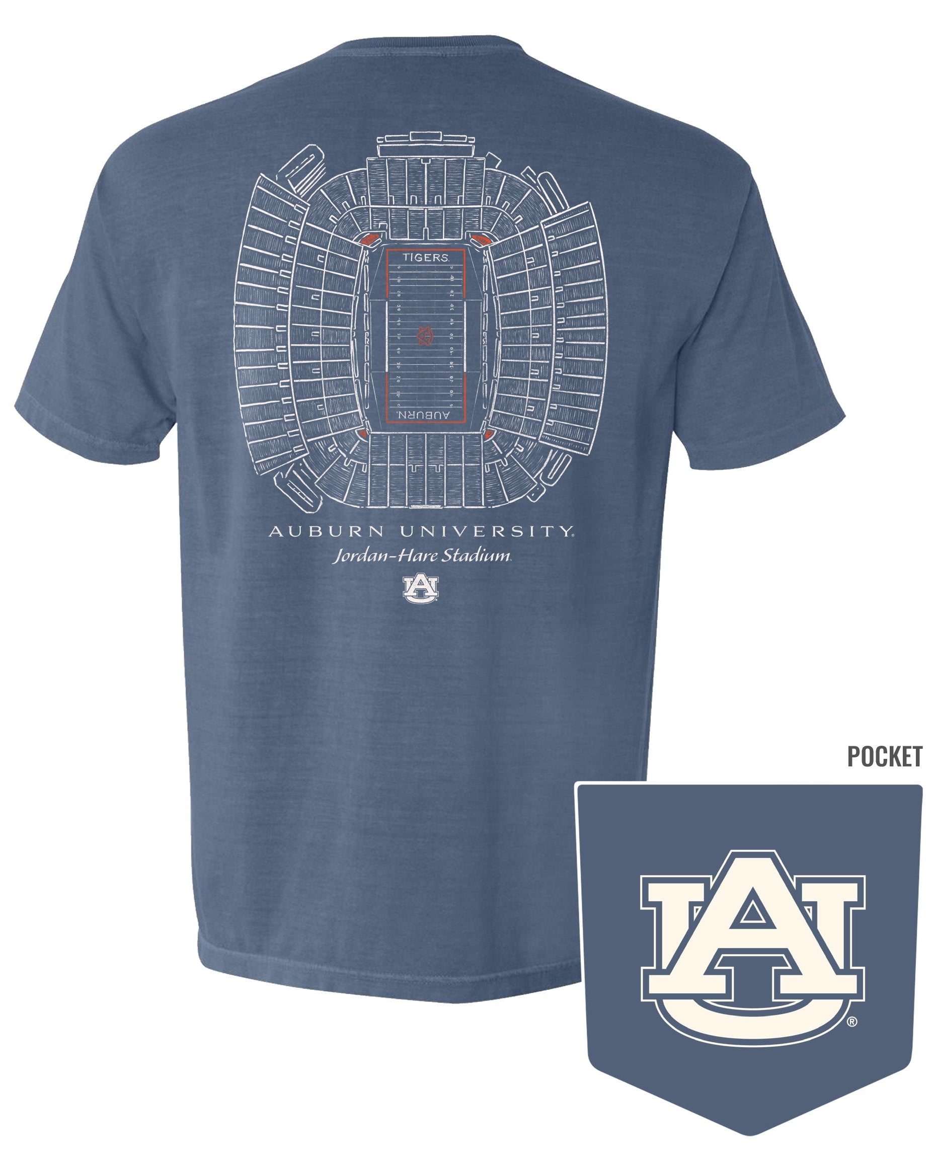 Auburn University Blue Jean T-Shirt with a blueprint of the Jordan-Hare Stadium