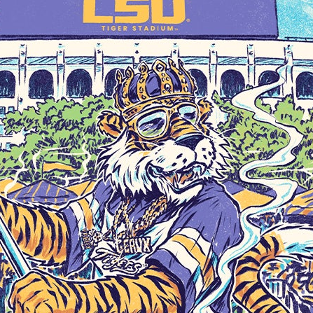 A stylized LSU Tigers graphic illustration featuring a tiger wearing a gold crown and aviator sunglasses, with a purple and blue stadium background and the text 'LSU TIGER STADIUM' at the top.