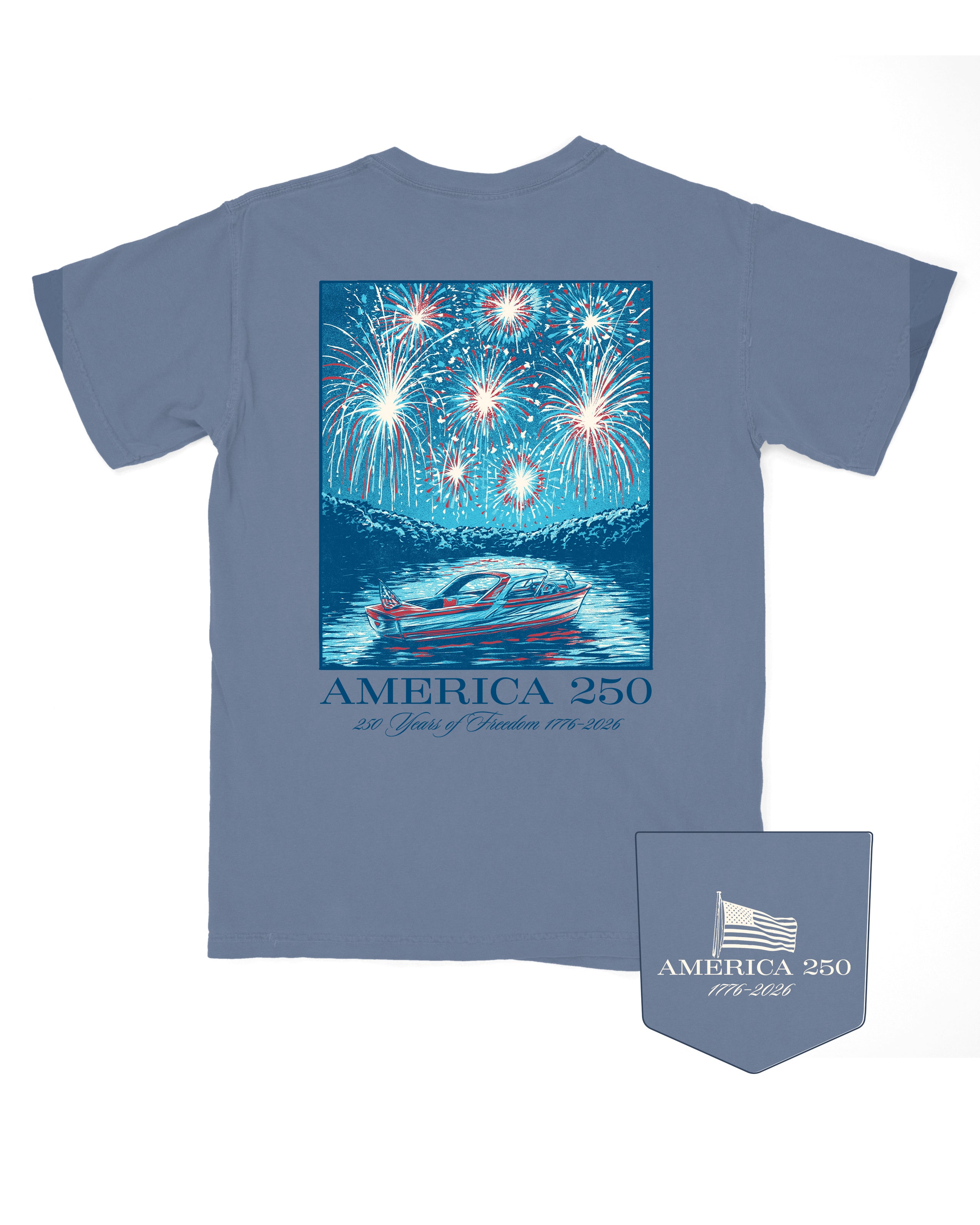 America 250 Blue Jean T-Shirt with impressionist style art of a boat on the lake while fireworks explode above, and text “America 250”
