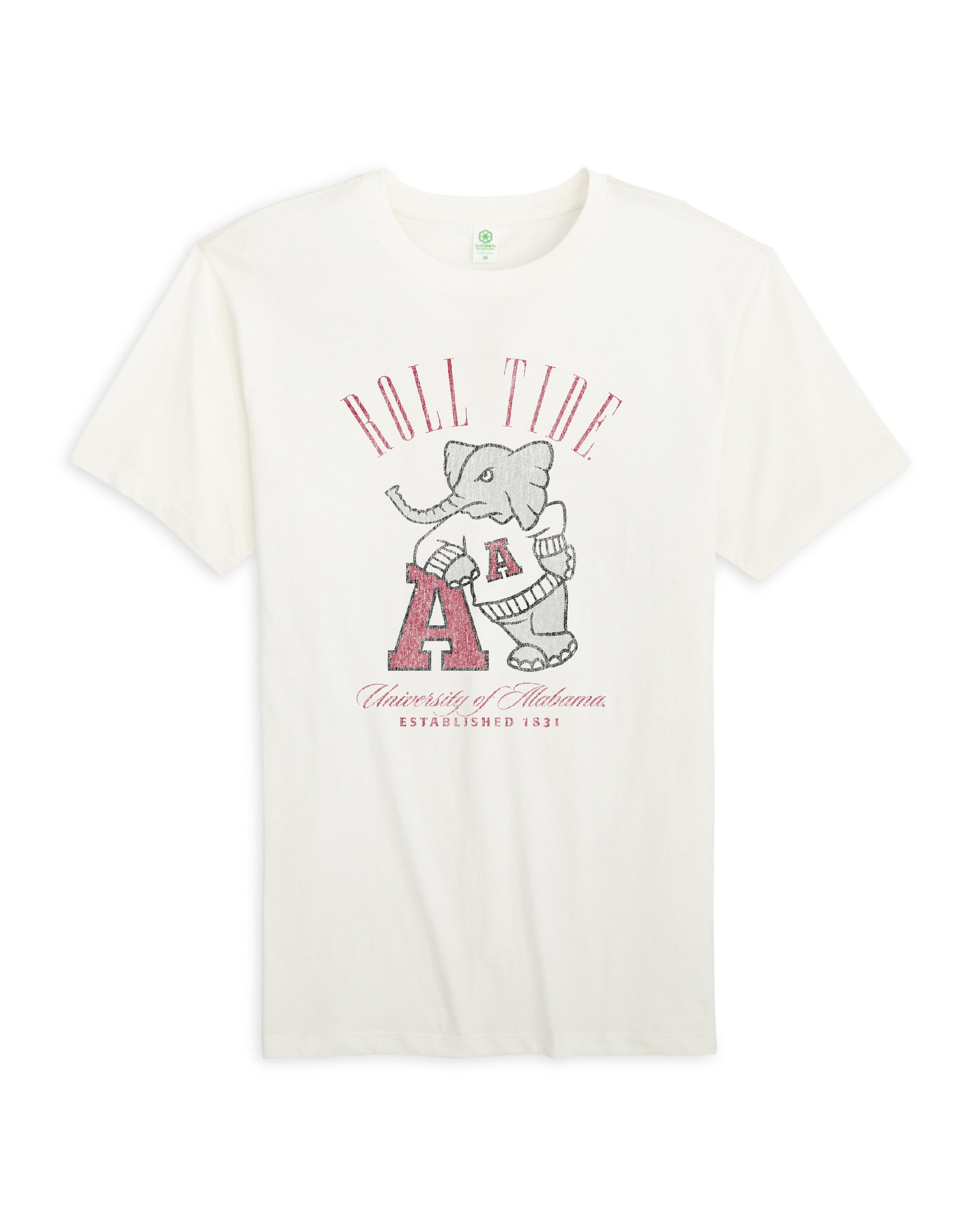 University of Alabama Ivory T-Shirt with Red text “Roll Tide” above an image of Big Al leaning on a Black A