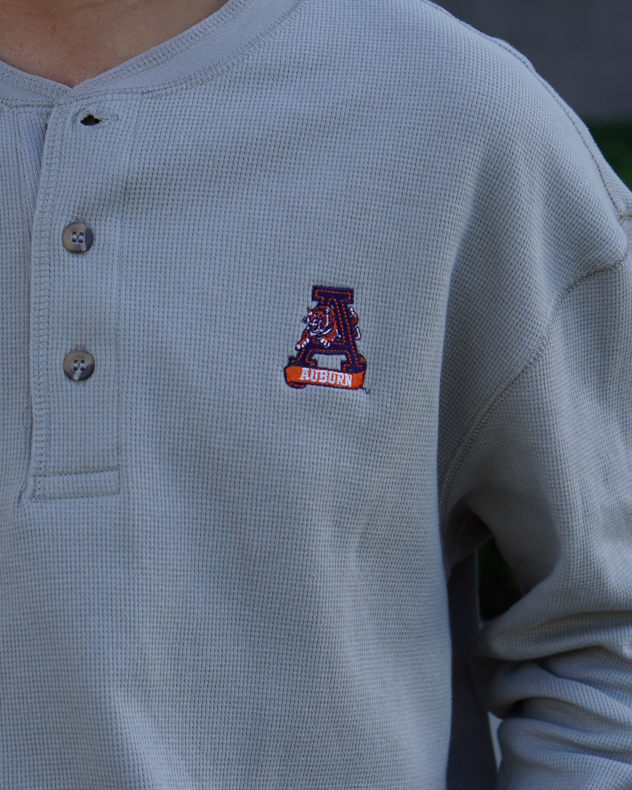 Auburn University Grey Thermal Henley with Leaping Tiger Logo Embroidery