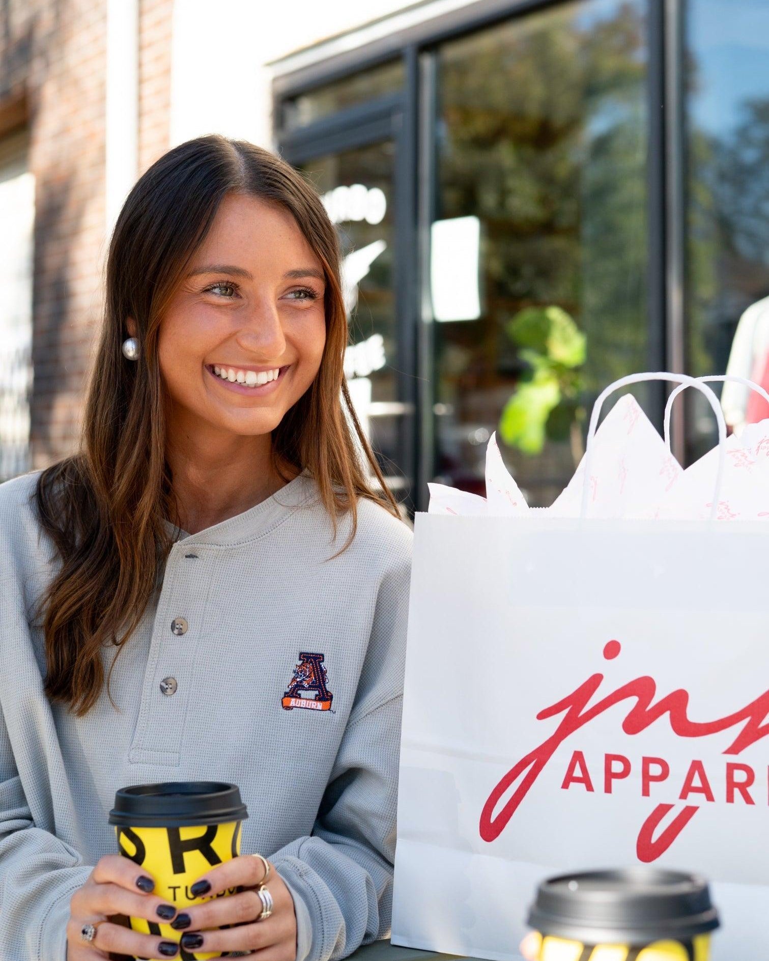 Auburn University Grey Thermal Henley with Leaping Tiger Logo Embroidery