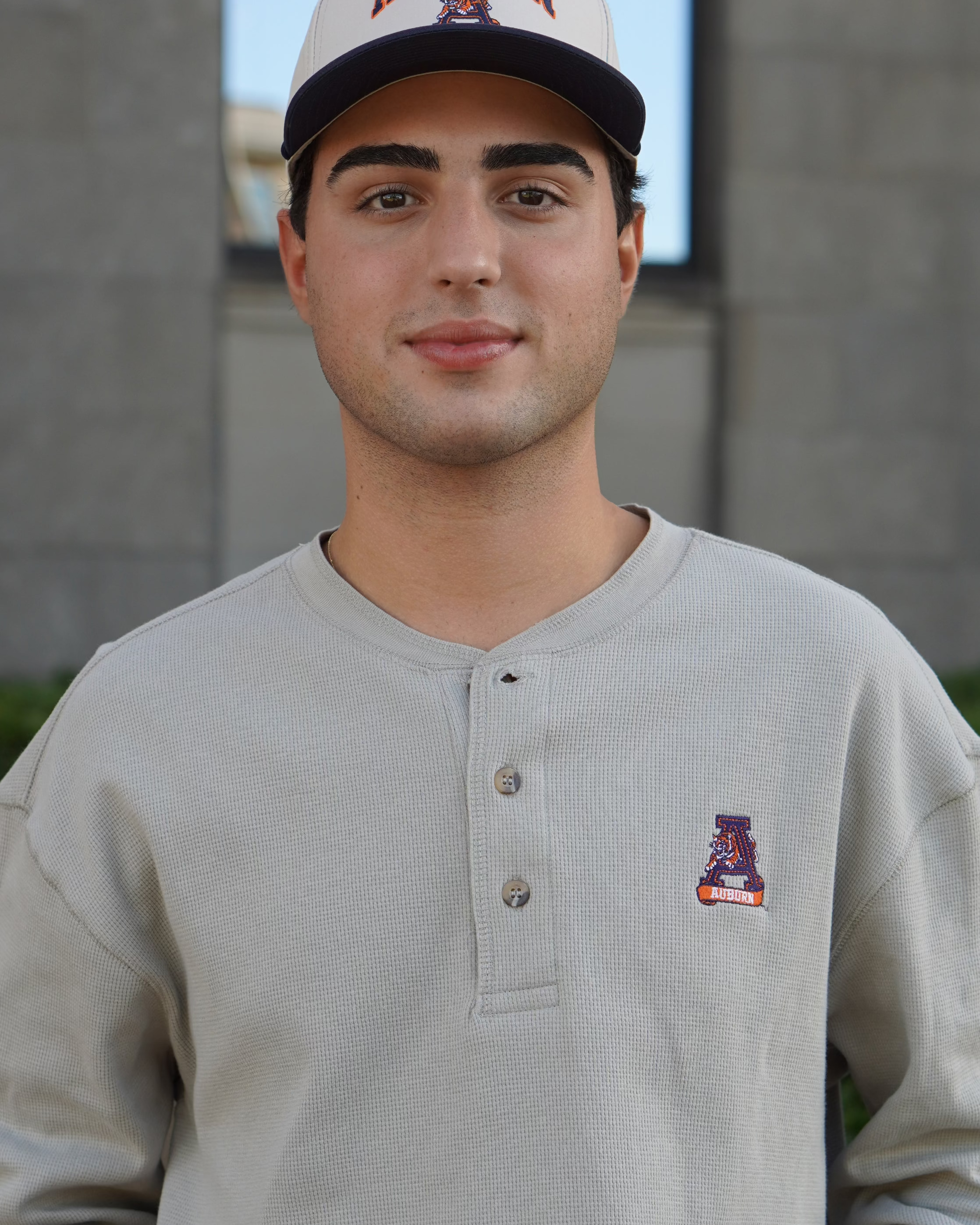 Auburn University Grey Thermal Henley with Leaping Tiger Logo Embroidery