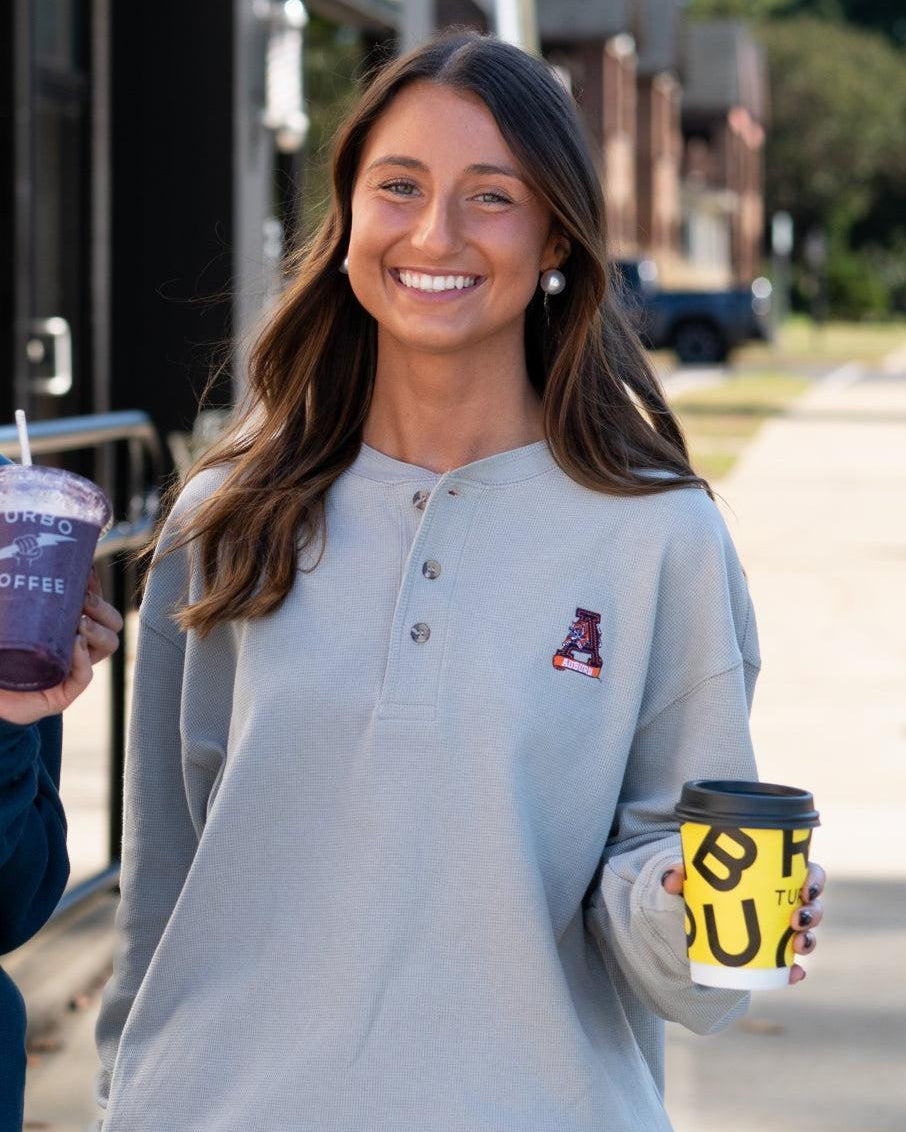 Auburn University Grey Thermal Henley with Leaping Tiger Logo Embroidery