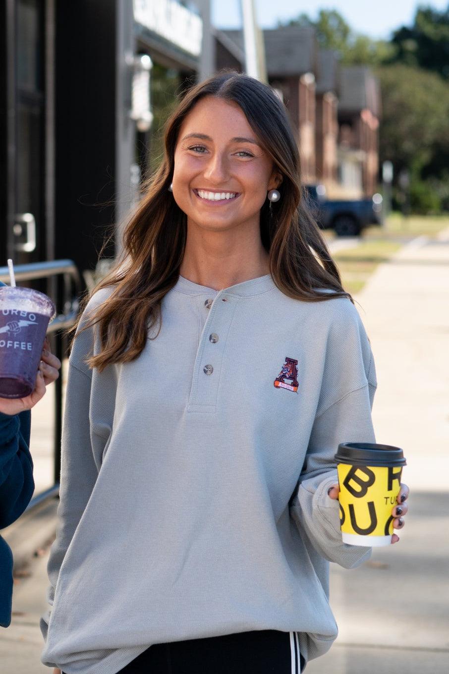 Auburn University Grey Thermal Henley with Leaping Tiger Logo Embroidery