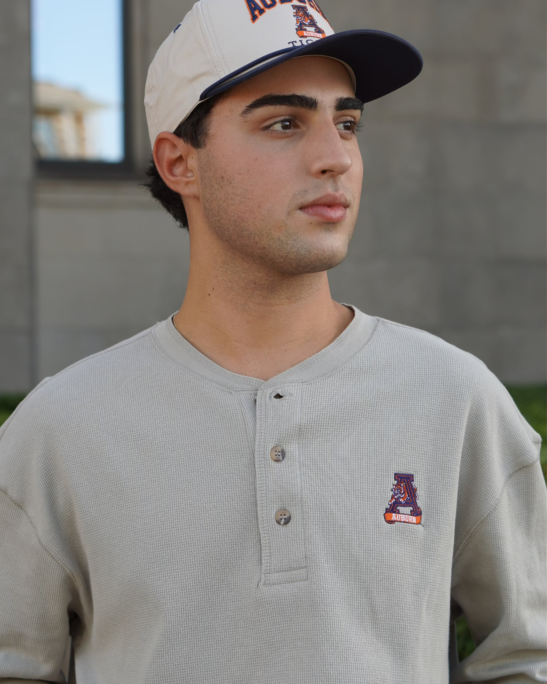 Auburn University Grey Thermal Henley with Leaping Tiger Logo Embroidery