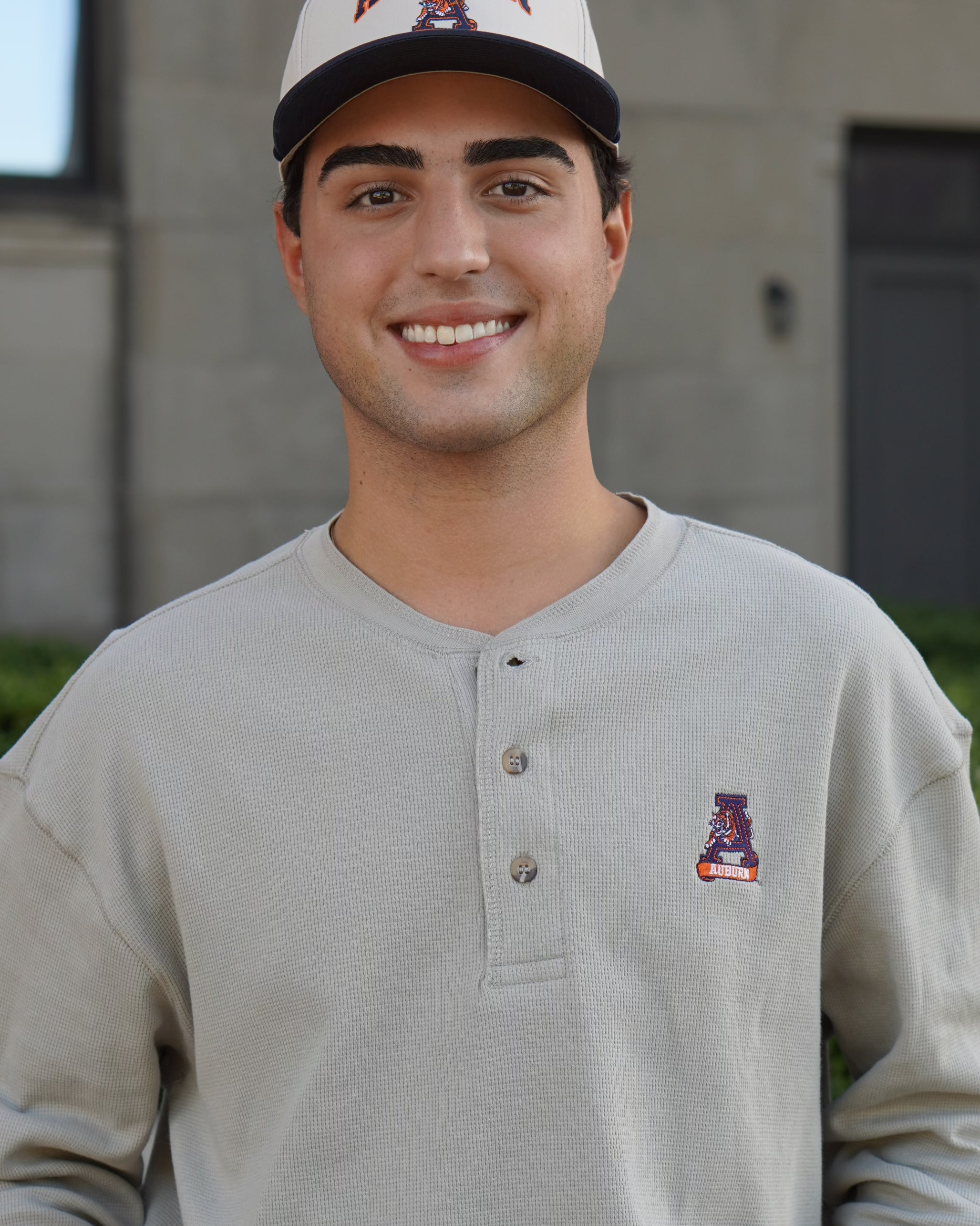 Auburn University Grey Thermal Henley with Leaping Tiger Logo Embroidery