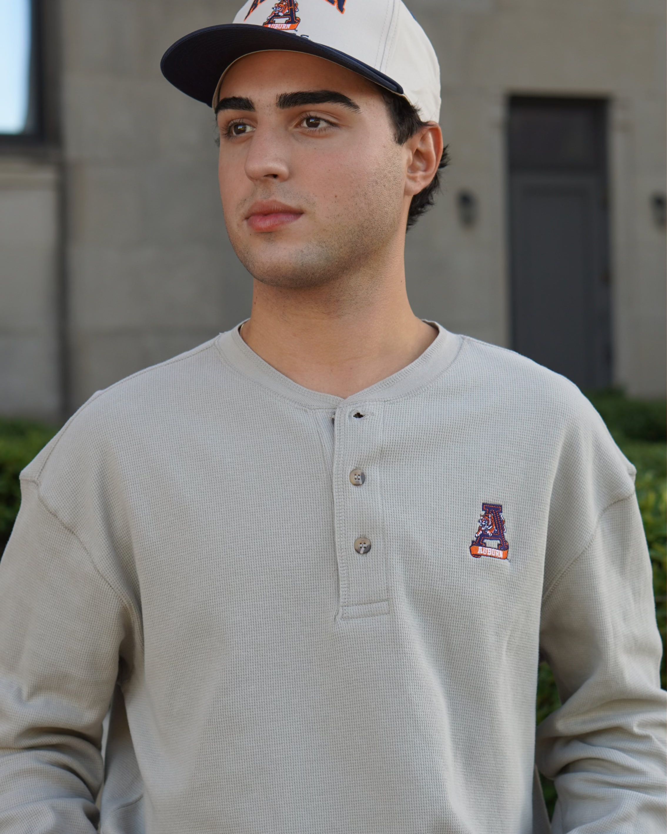 Auburn University Grey Thermal Henley with Leaping Tiger Logo Embroidery