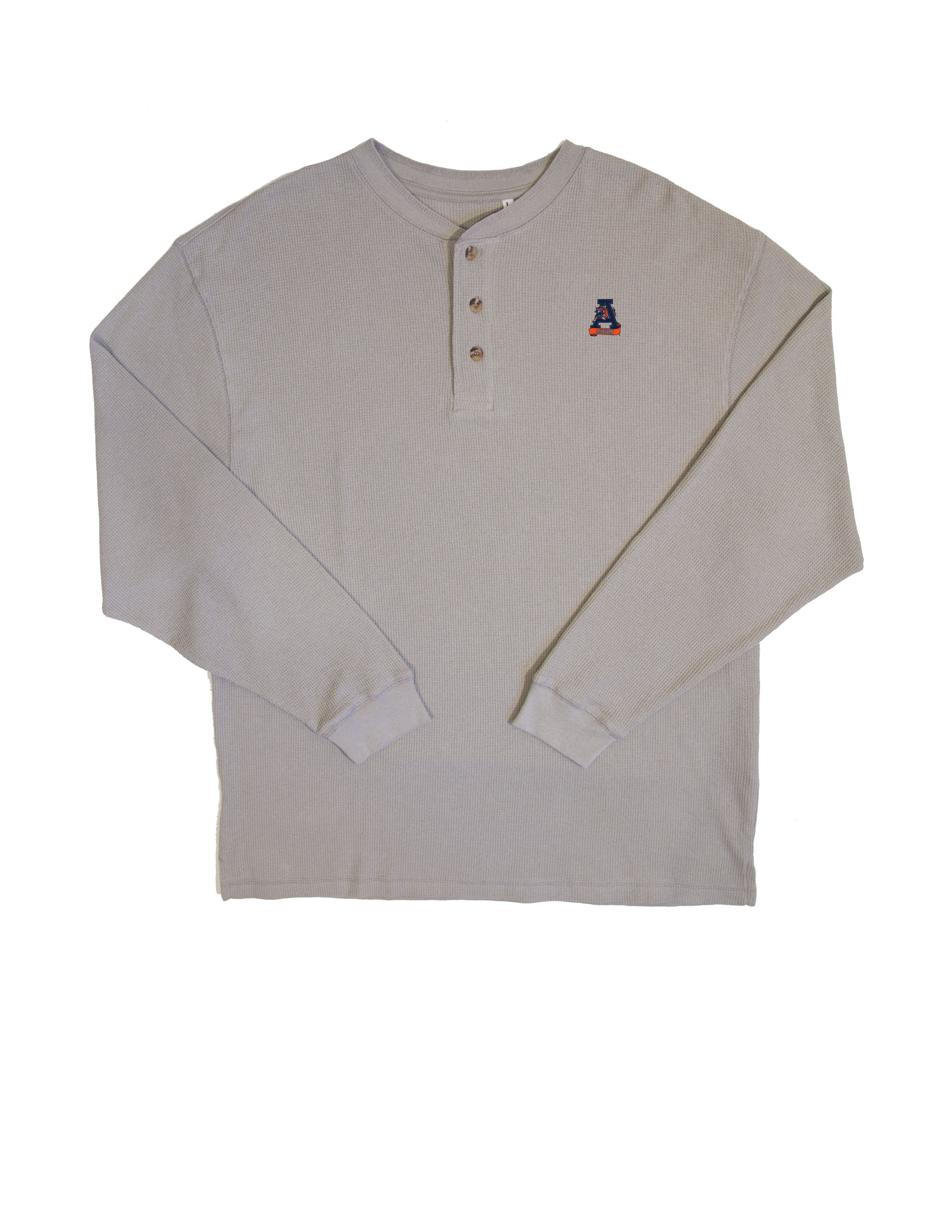 Auburn University Grey Thermal Henley with Leaping Tiger Logo Embroidery