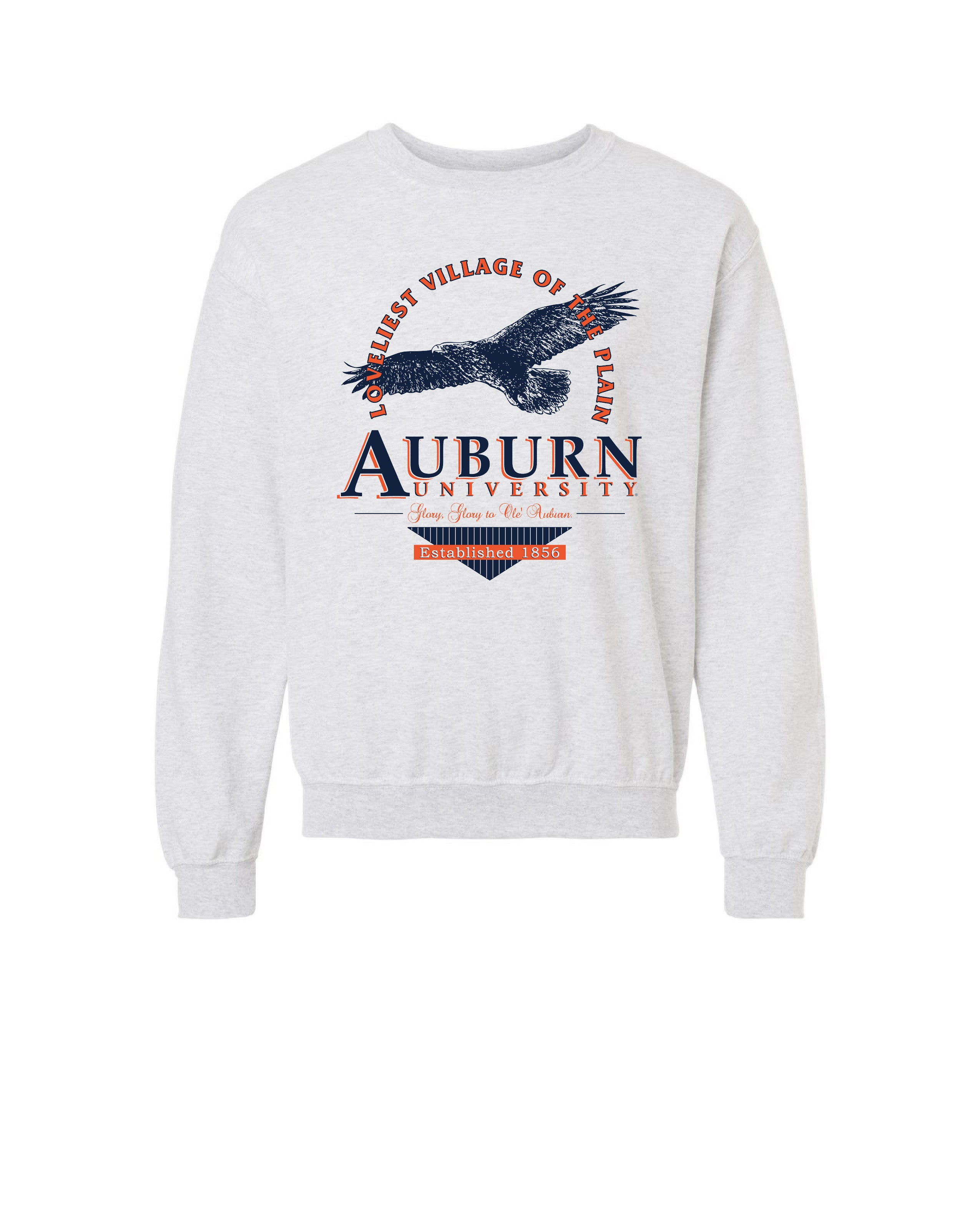 Auburn University Grey Sweatshirt with an image of an eagle flying under Orange text “Loveliest Village of the Plains” and above text “Auburn University”