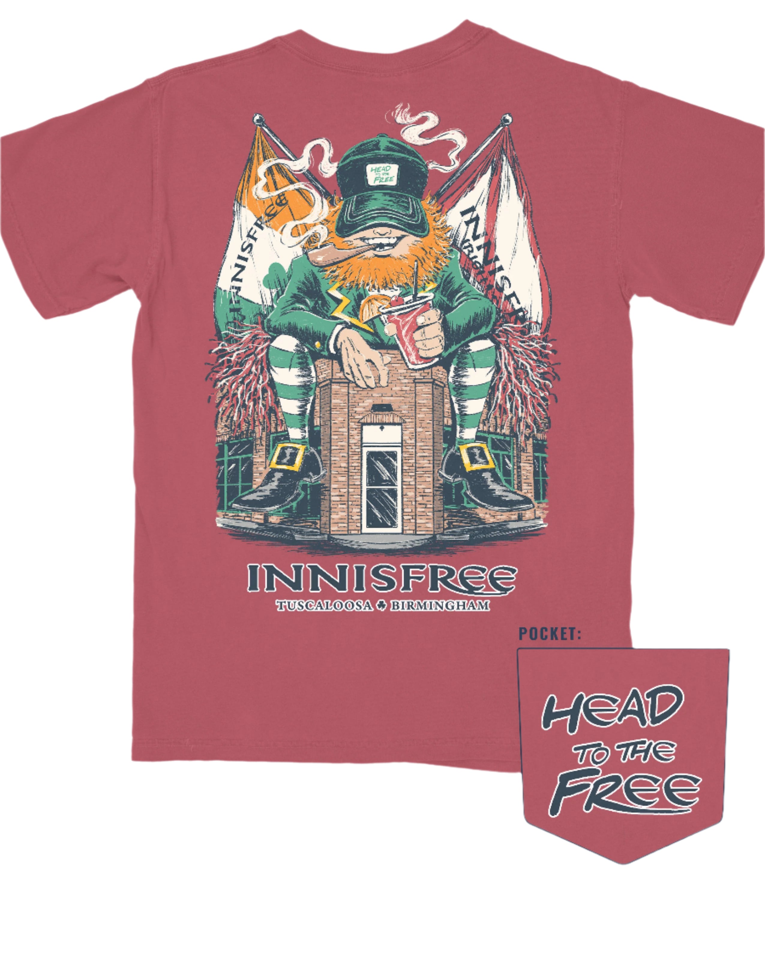 Innisfree Red Lucky Leprechaun T-Shirt with an image of a leprechaun sitting on top of the Innisfree Building