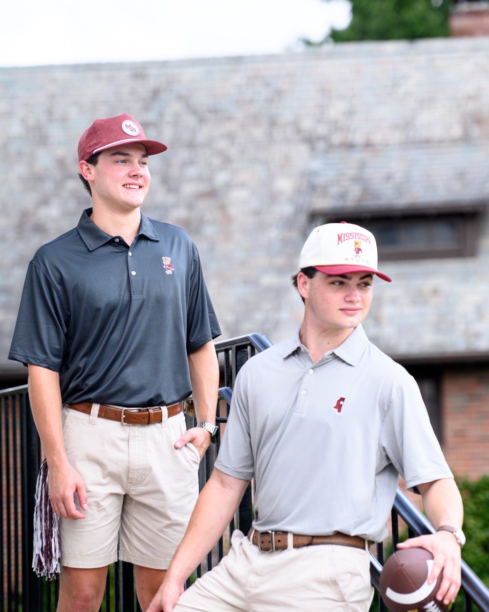 Mississippi State Cream and Maroon Hat with the Walking Bully Logo in between embroidered text “Mississippi State”