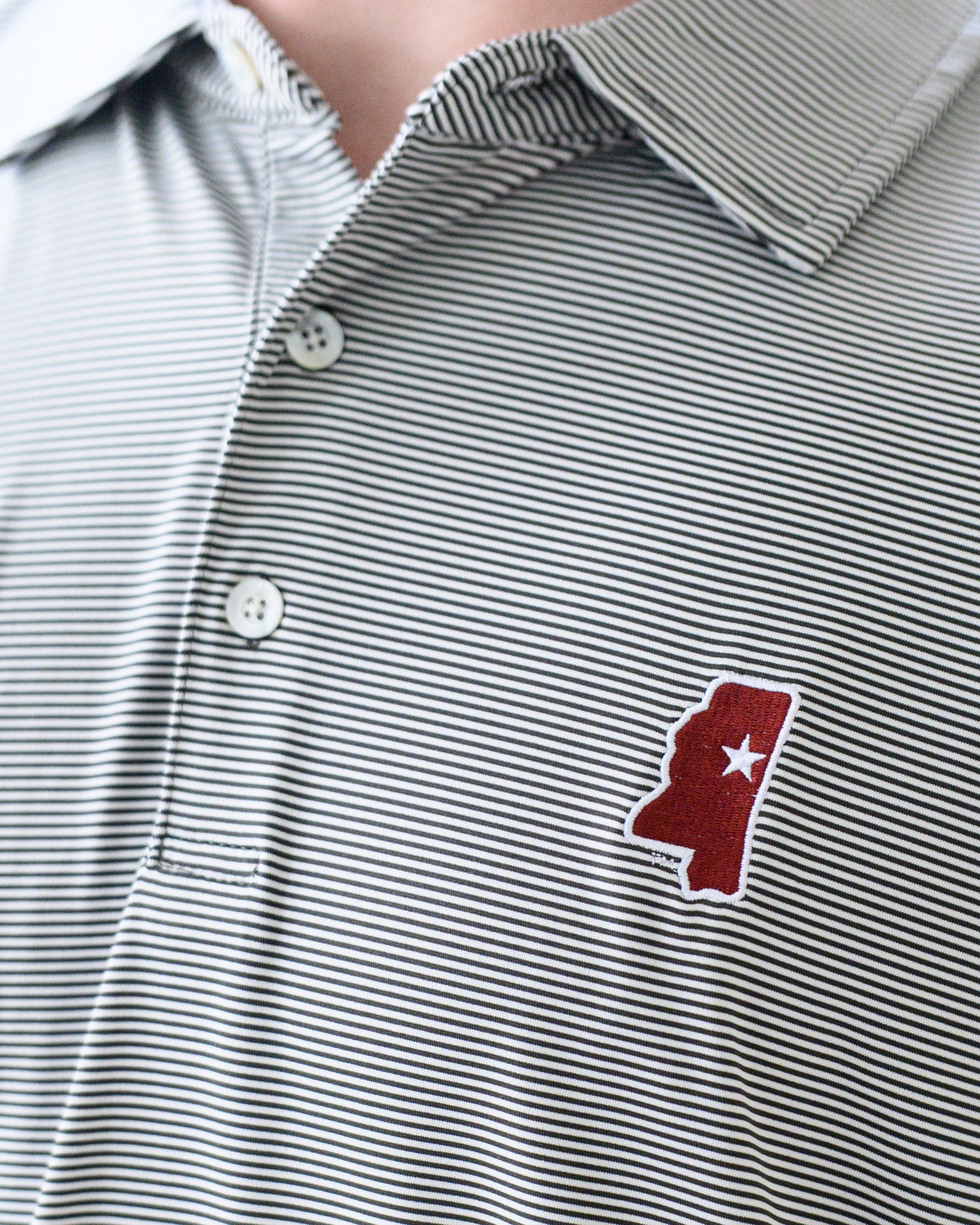Mississippi State Grey Men’s Stripe Polo with the Mississippi State outline embroidery