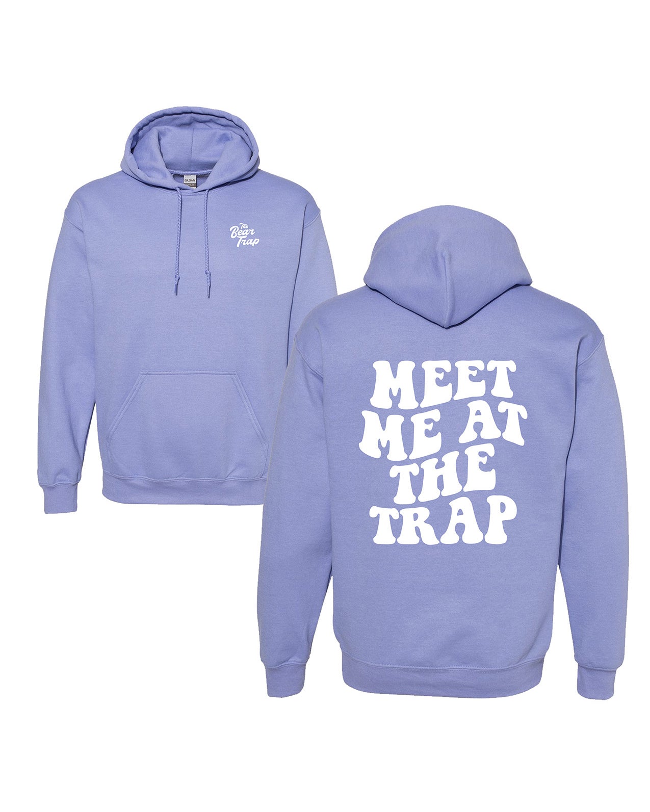 Bear Trap Light Purple Hoodie with 'MEET ME AT THE TRAP' printed in white text on the back.