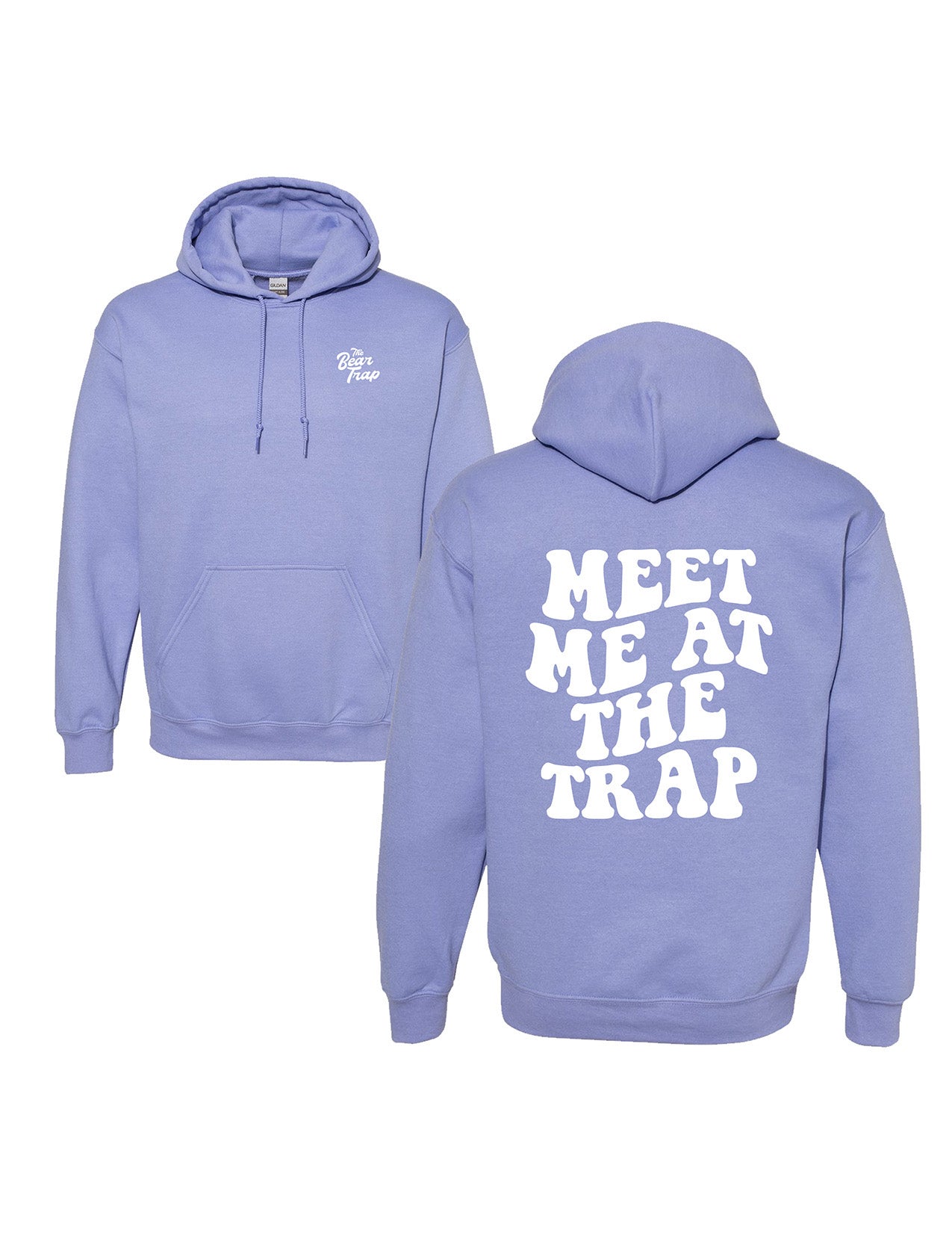Bear Trap Light Purple Hoodie with 'MEET ME AT THE TRAP' printed in white text on the back.