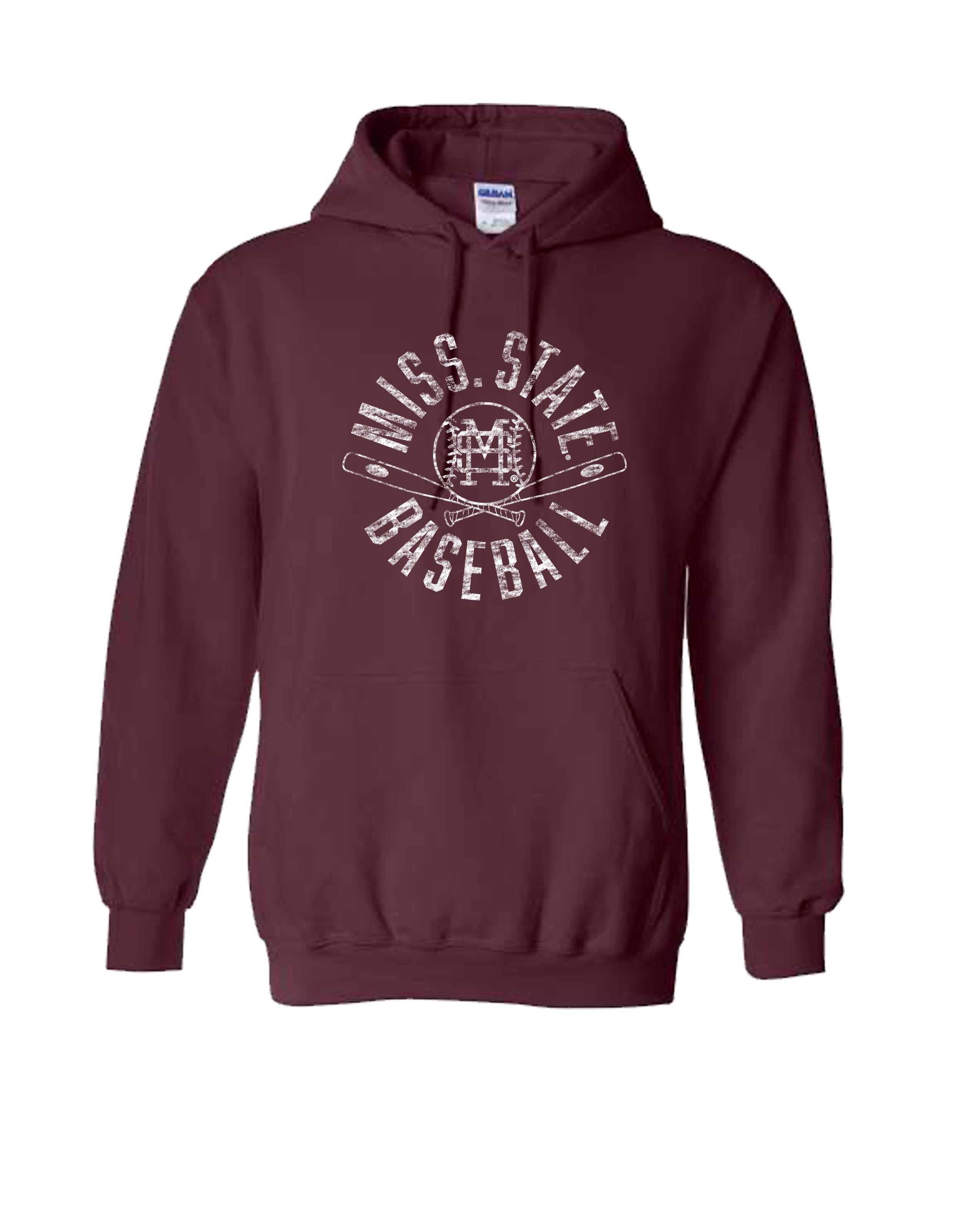 Mississippi State Distressed Dark Red Hoodie with a White Baseball featuring the MS overlapping logo over crossed baseball bats, surrounded by White text “Miss. State Baseball”