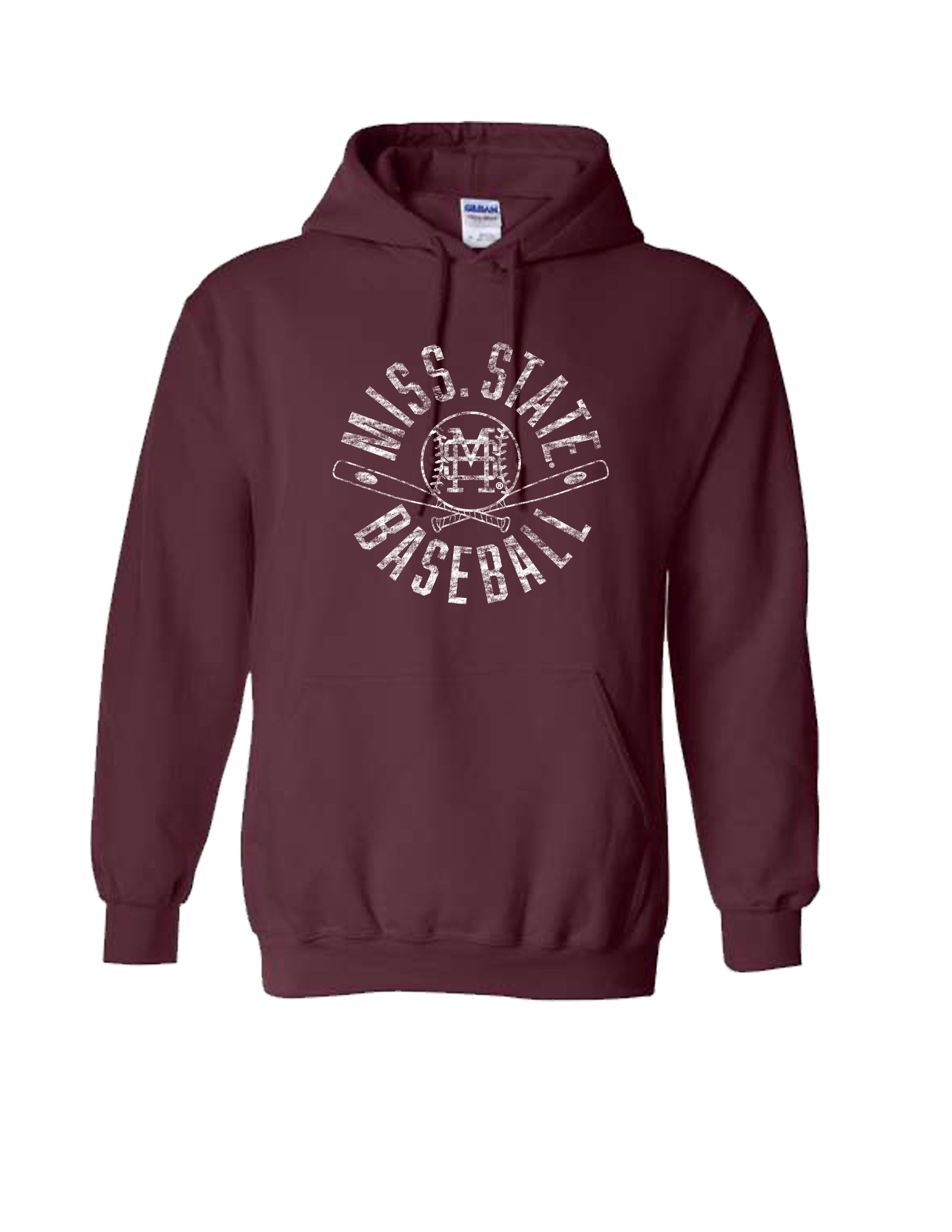 Mississippi State Distressed Dark Red Hoodie with a White Baseball featuring the MS overlapping logo over crossed baseball bats, surrounded by White text “Miss. State Baseball”