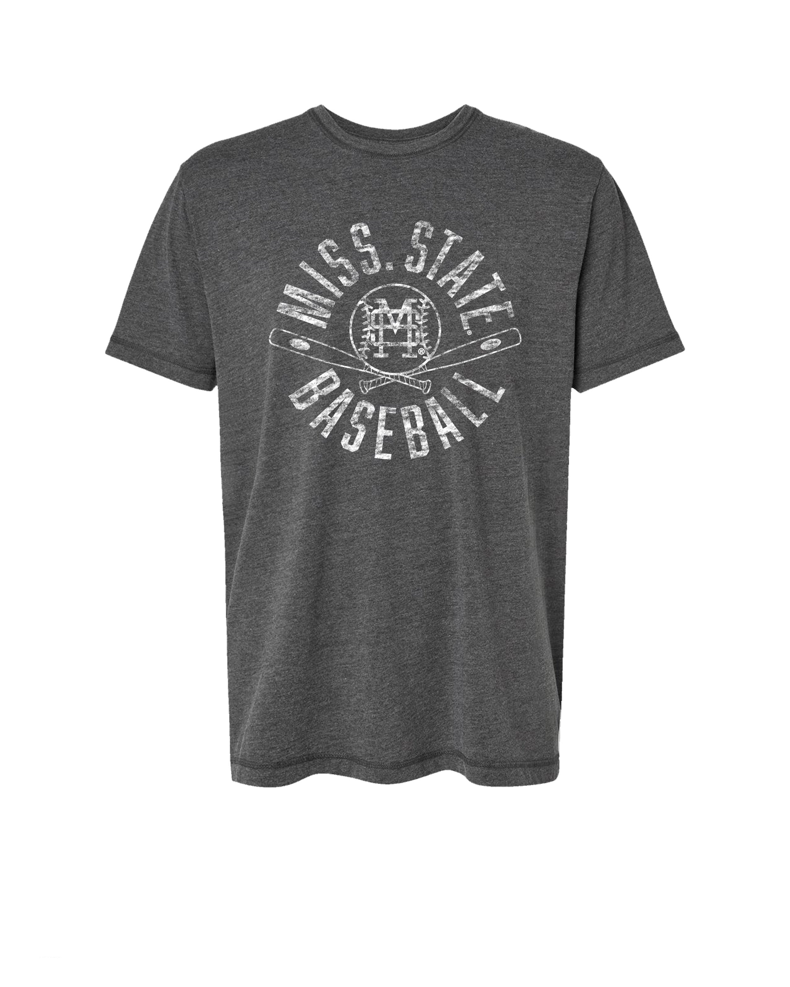 Mississippi State Distressed Dark Grey T-Shirt with a White Baseball featuring the MS overlapping logo over crossed baseball bats, surrounded by White text “Miss. State Baseball”