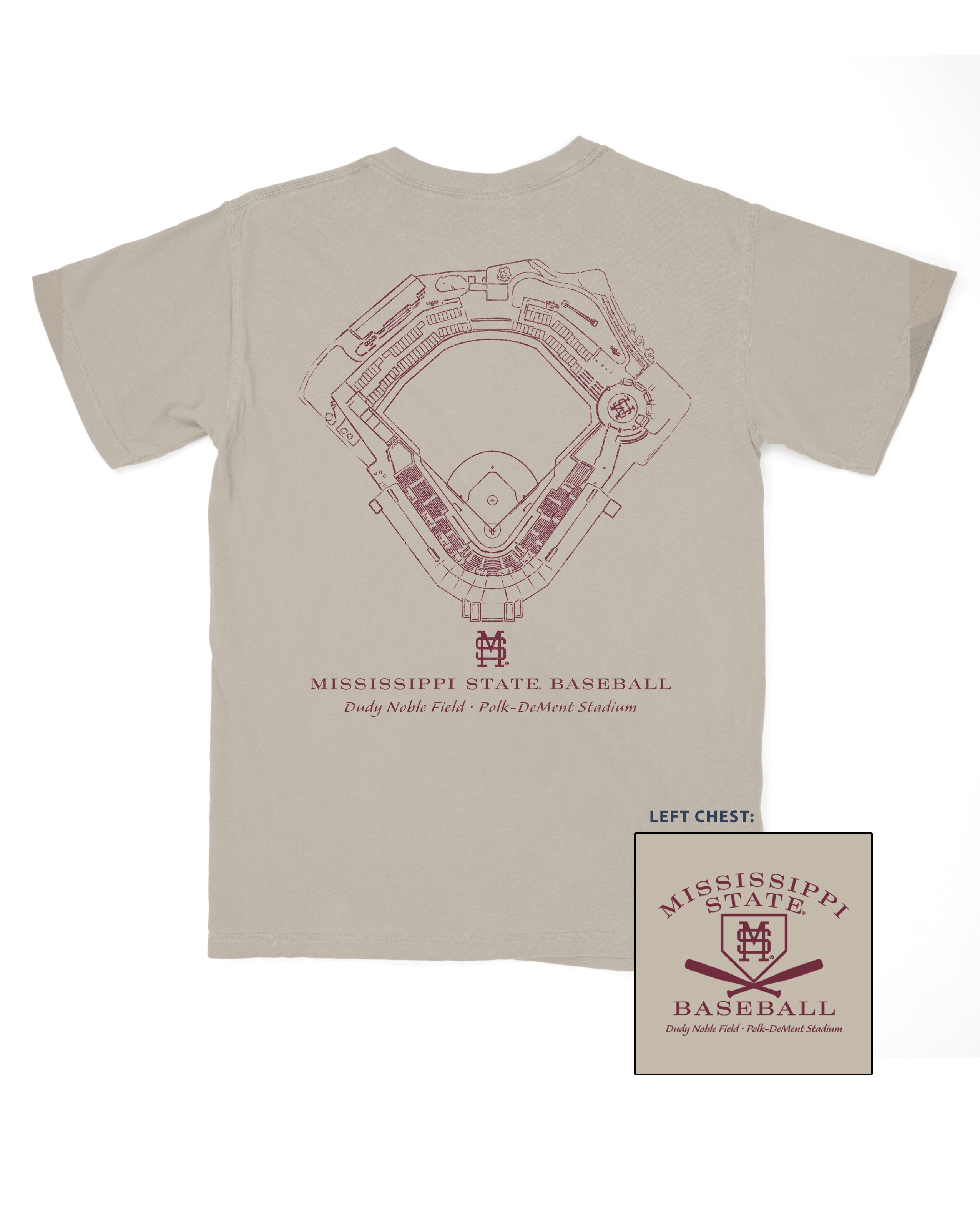 Mississippi State Sandstone Distressed Tee with a Maroon print of the Dudy-Noble Baseball Field blueprint above text “Mississippi Baseball”