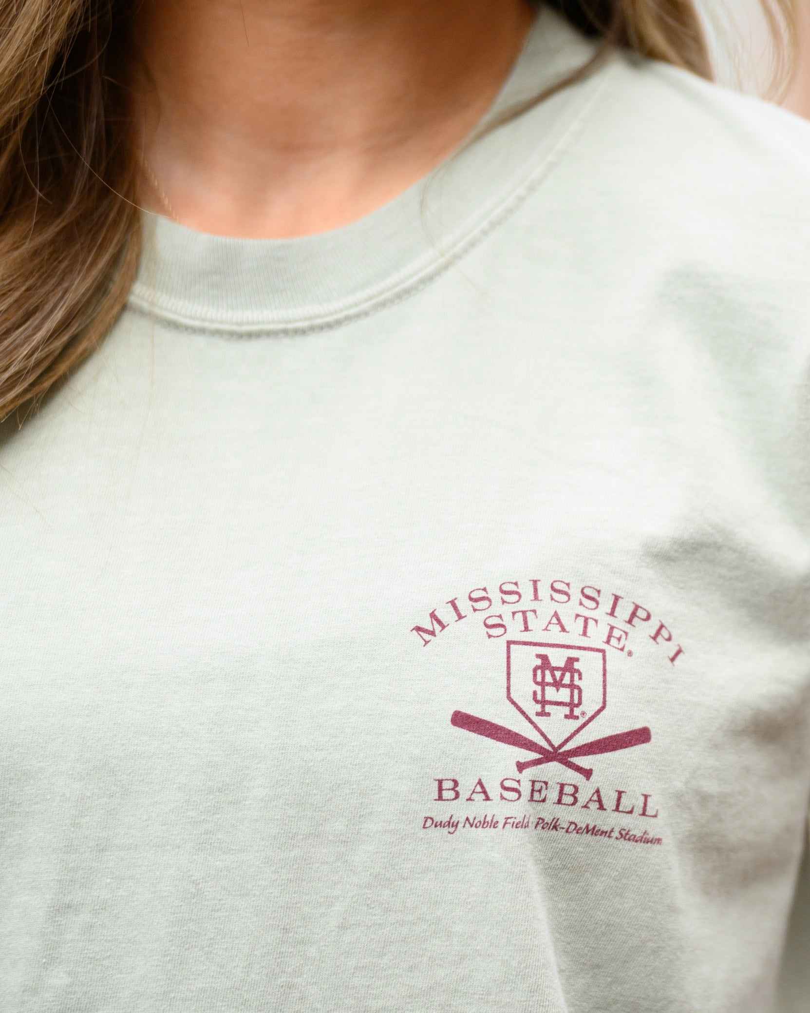 Mississippi State Sandstone Distressed Tee Chest Design with a maroon print of home plate over two crossed baseball bats
