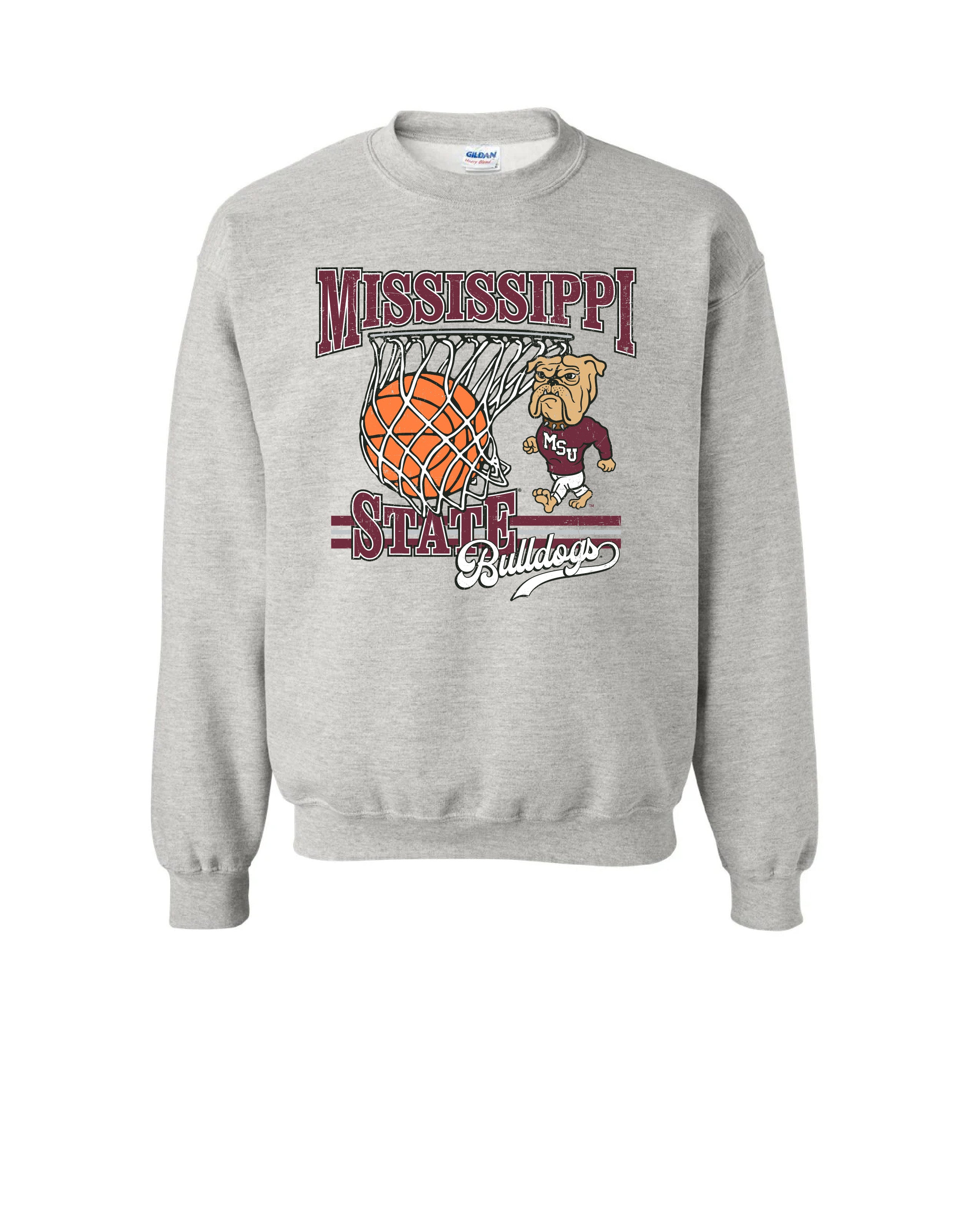 Mississippi State Light Grey Heather Sweatshirt with a basketball landing in a hoop between text “Mississippi” and “State” and next to Bully