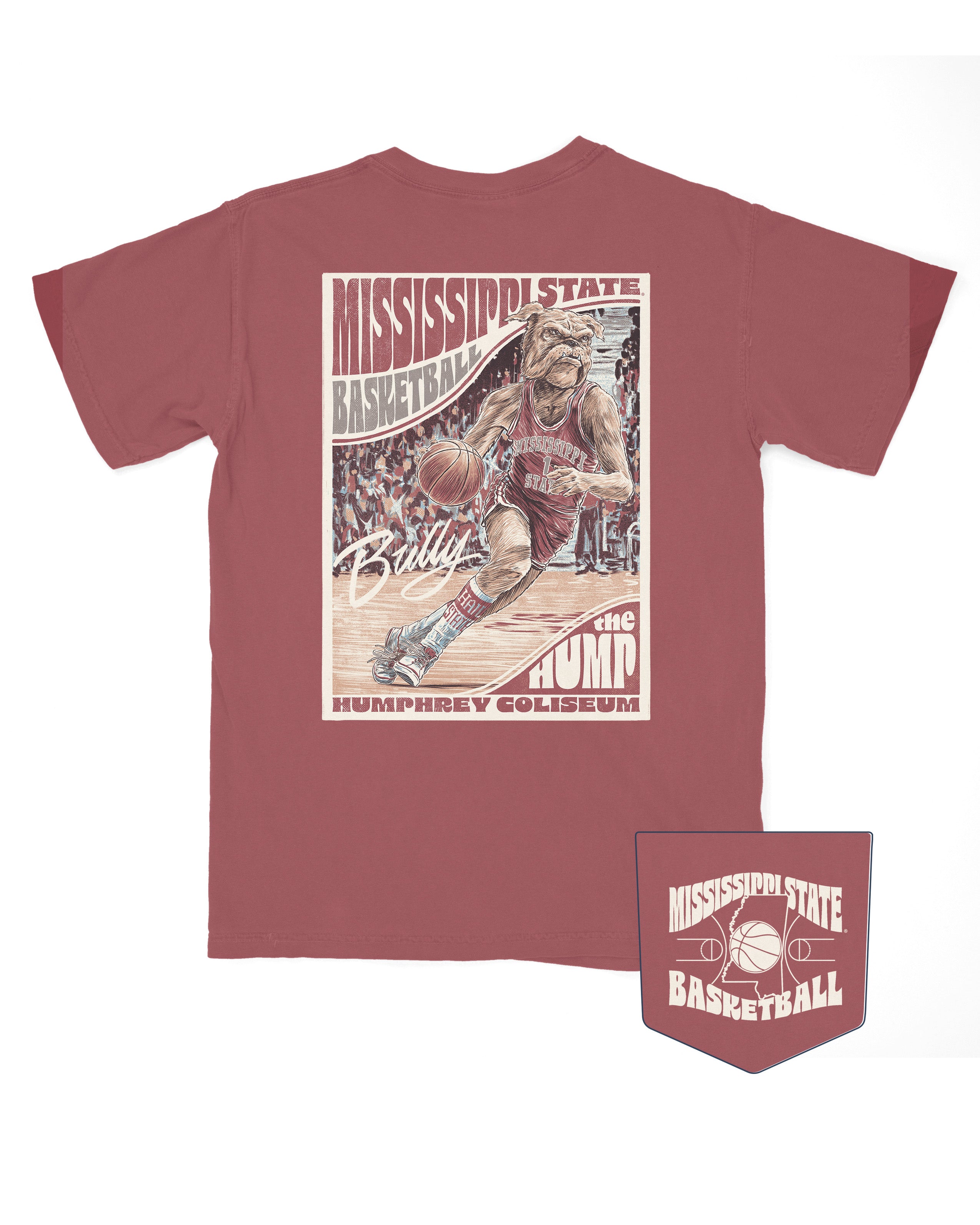 Mississippi State Crimson T-Shirt with a basketball card style design featuring Bully dribbling a basketball down the court in between text “Mississippi State Basketball” and “The Hump Humphrey Coliseum”