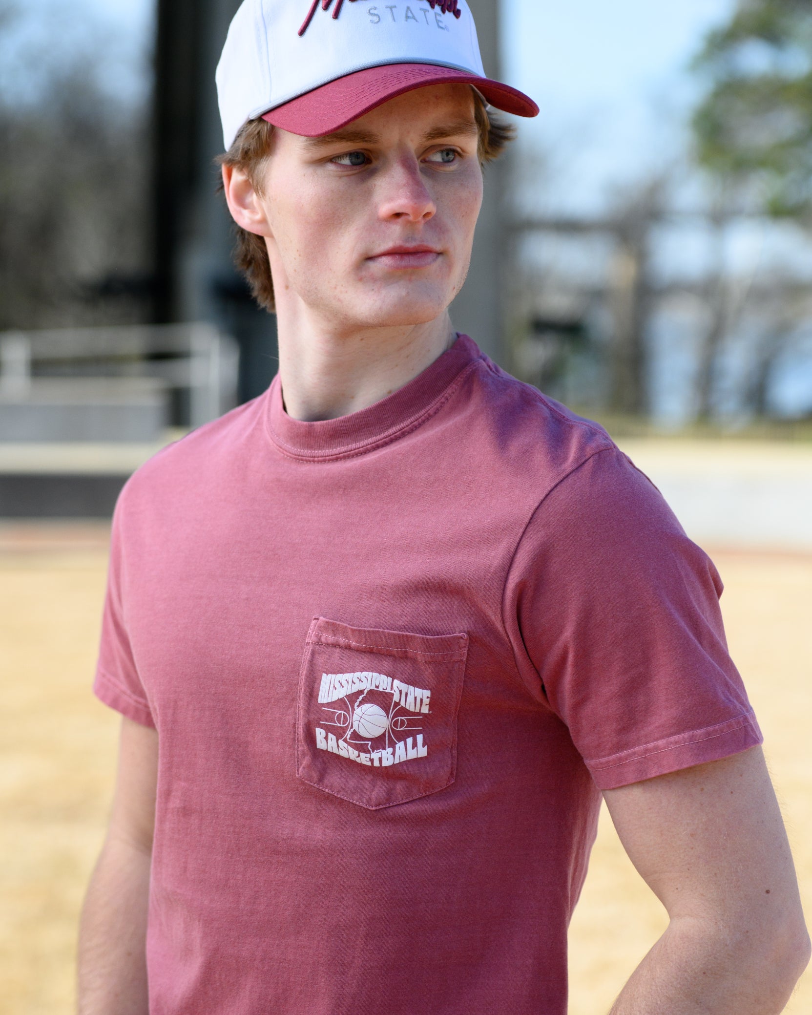 Mississippi State Red T-Shirt with "Mississippi State Basketball" front pocket design