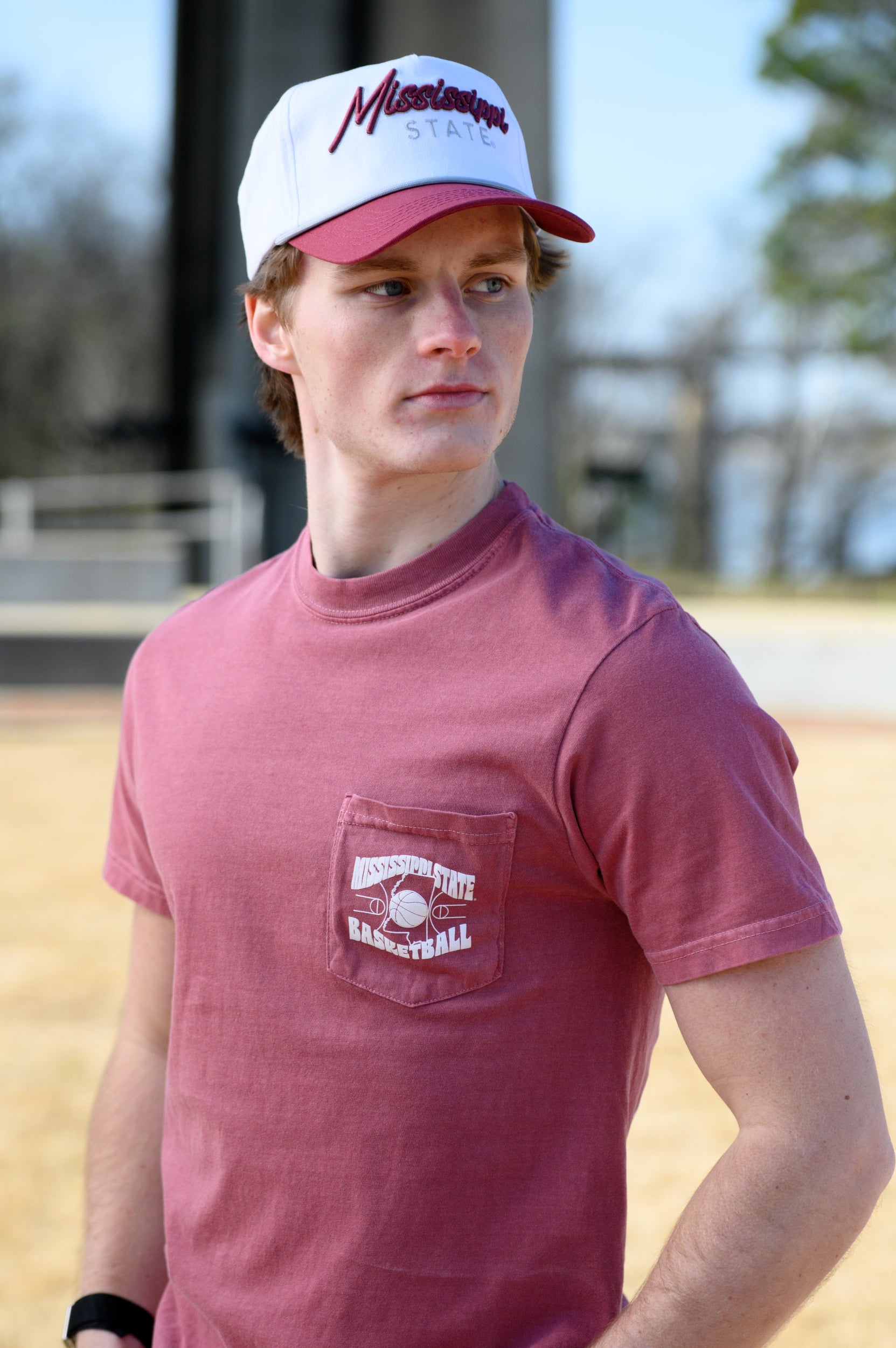 Mississippi State Red T-Shirt with "Mississippi State Basketball" front pocket design