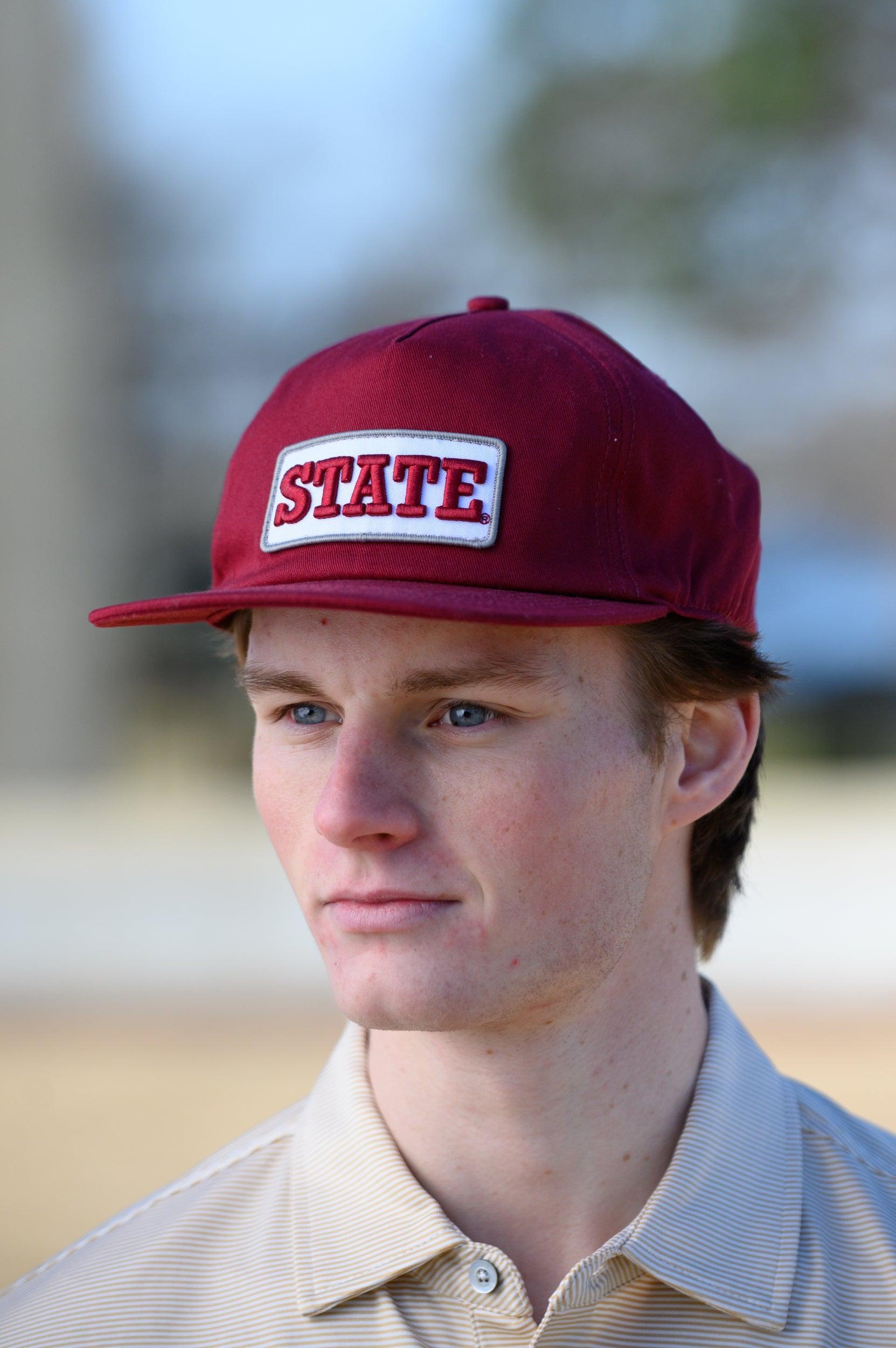 Mississippi State Maroon Snapback Hat featuring a White patch with Maroon “State” embroidery