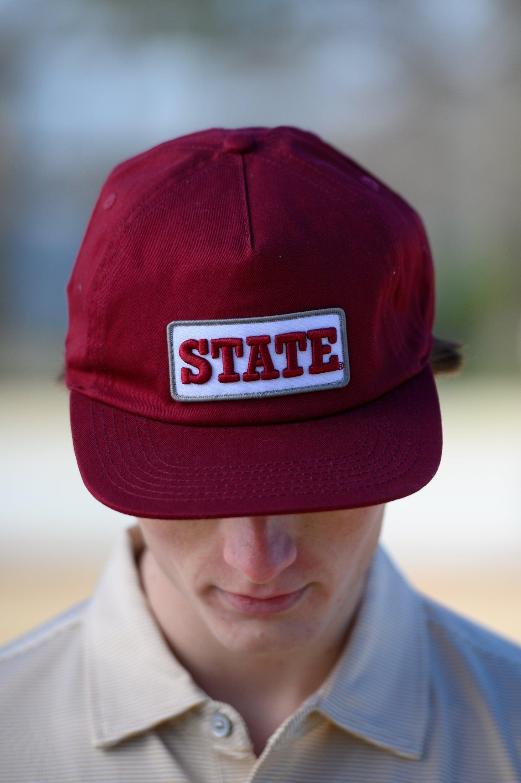 Mississippi State Maroon Snapback Hat featuring a White patch with Maroon “State” embroidery