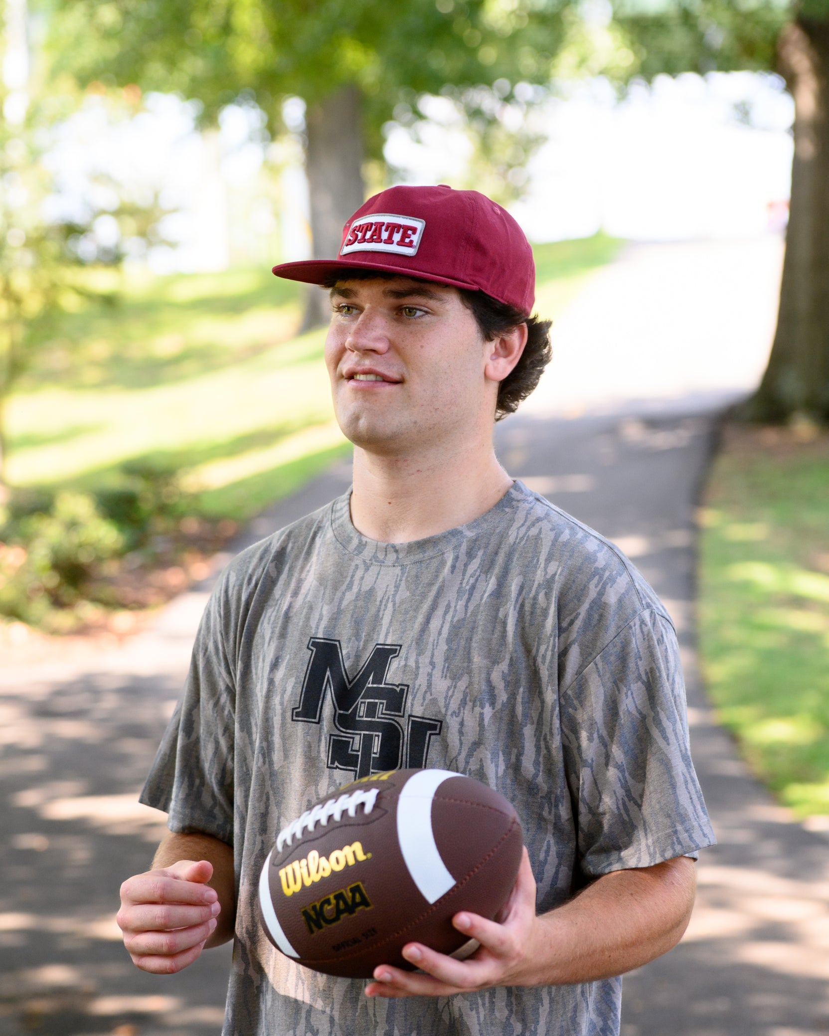 Mississippi State Maroon Snapback Hat featuring a White patch with Maroon “State” embroidery