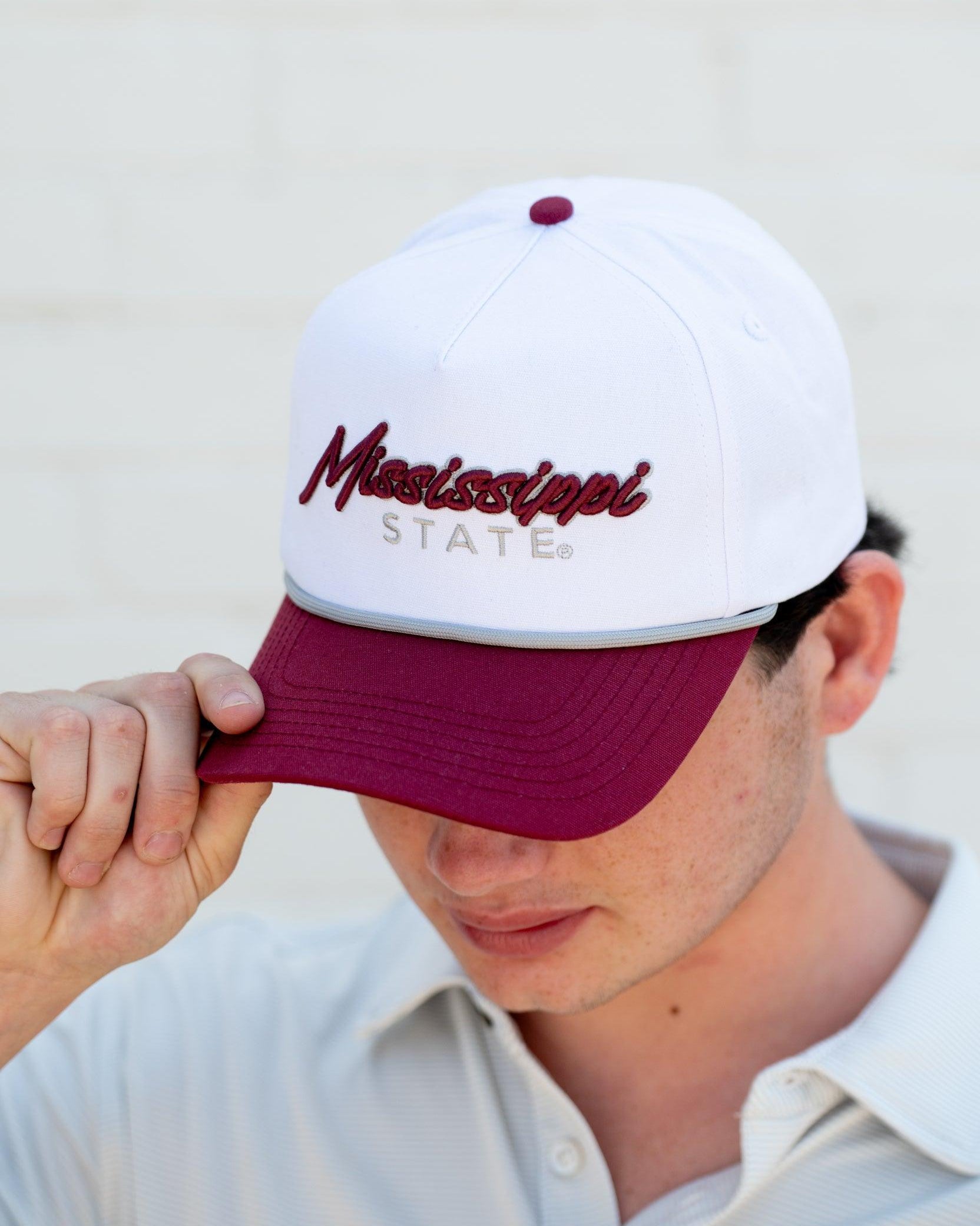 Mississippi State White and Maroon Hat with Maroon “Mississippi” embroidery and Light Grey text "State"
