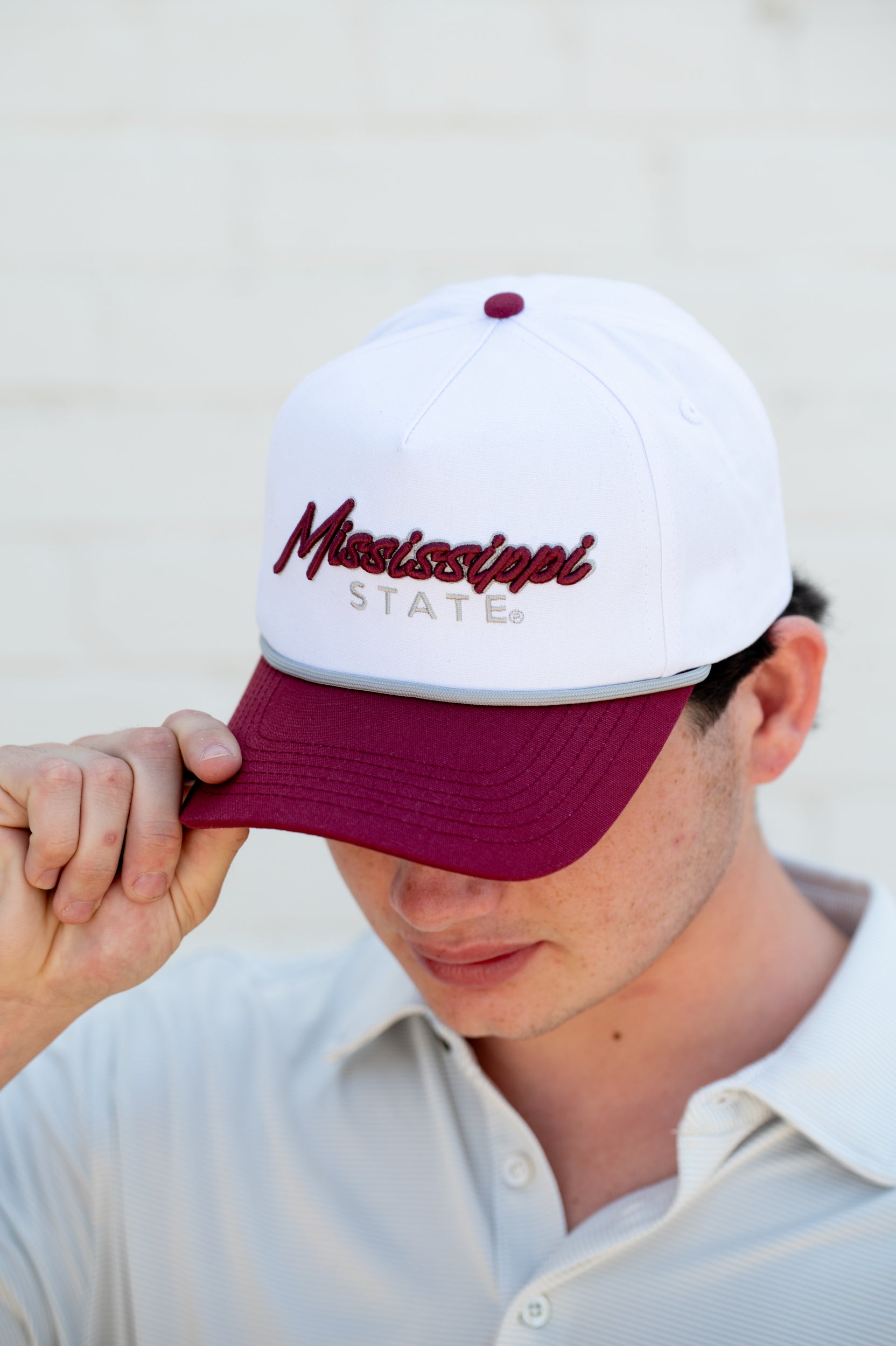 Mississippi State White and Maroon Hat with Maroon “Mississippi” embroidery and Light Grey text "State"
