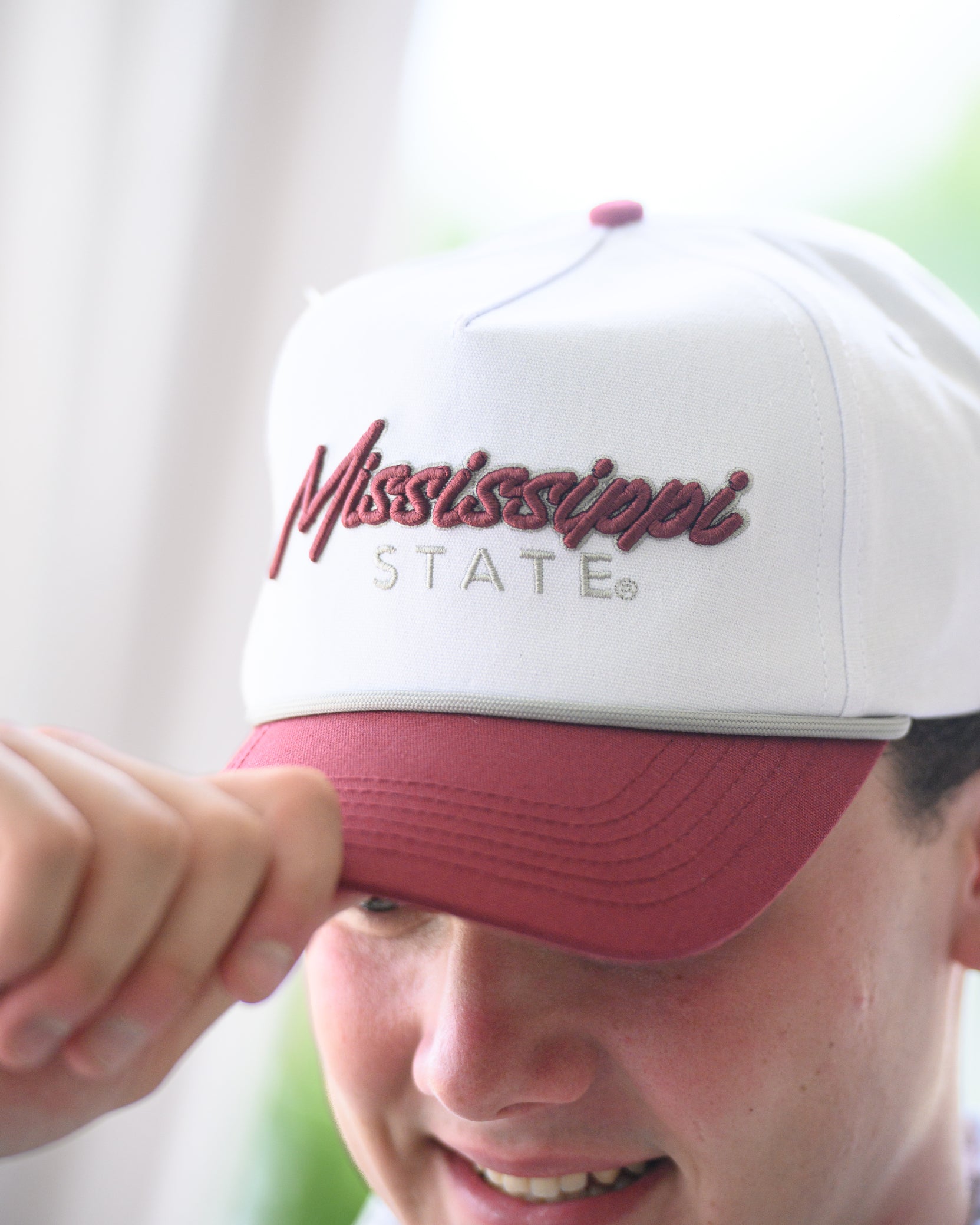 Mississippi State White and Maroon Hat with Maroon “Mississippi” embroidery and Light Grey text "State"