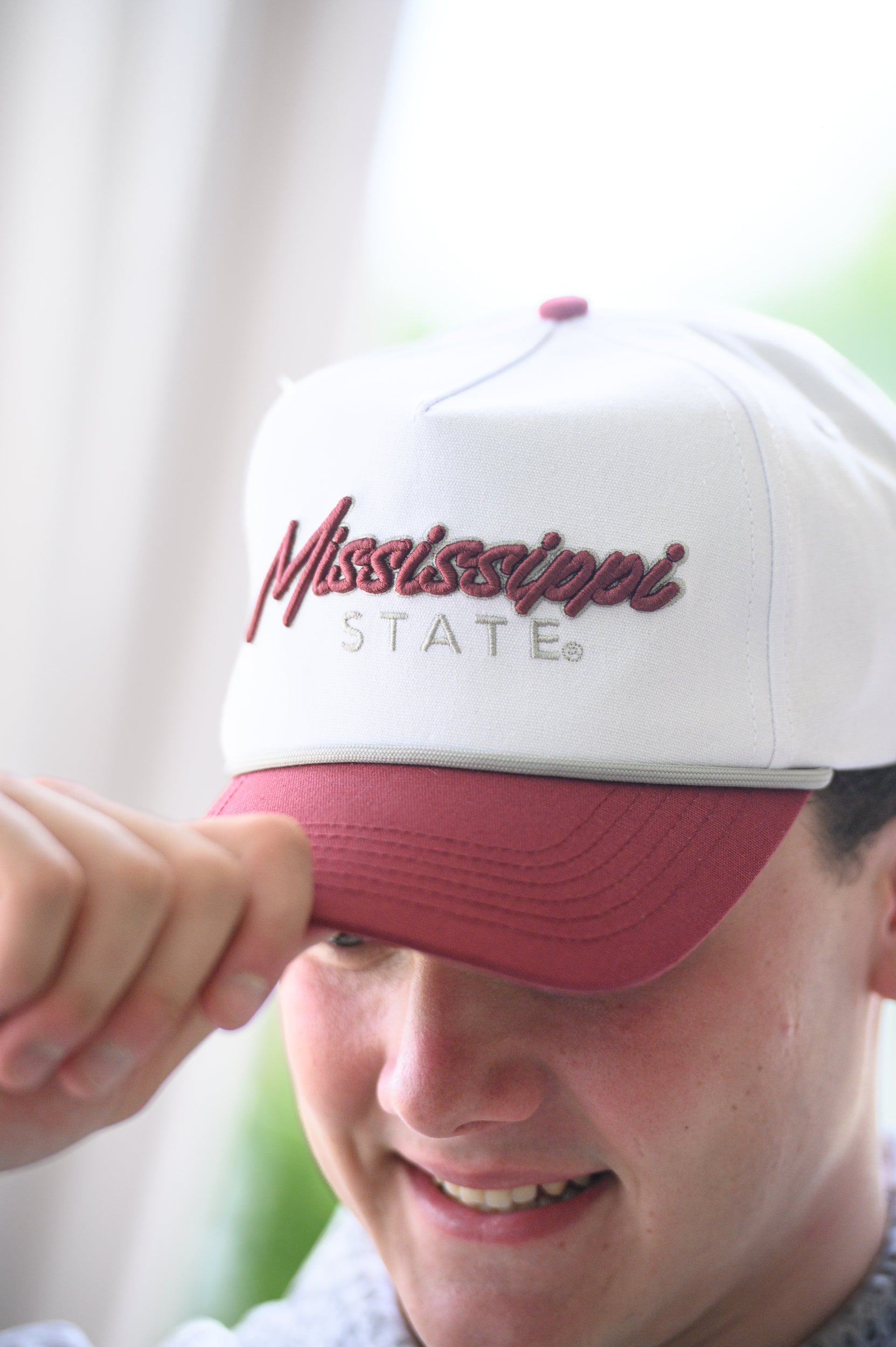 Mississippi State White and Maroon Hat with Maroon “Mississippi” embroidery and Light Grey text "State"