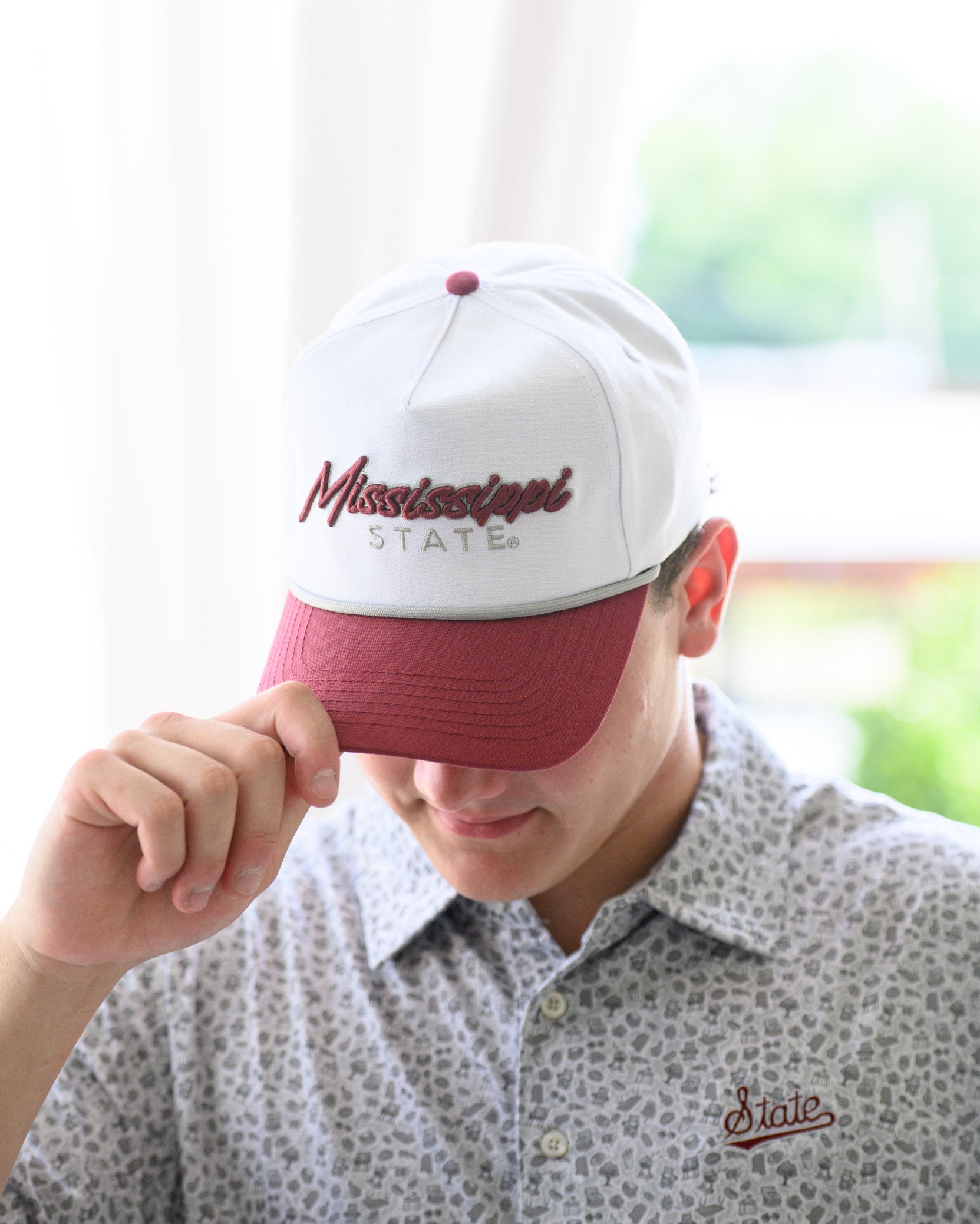Mississippi State White and Maroon Hat with Maroon “Mississippi” embroidery and Light Grey text "State"