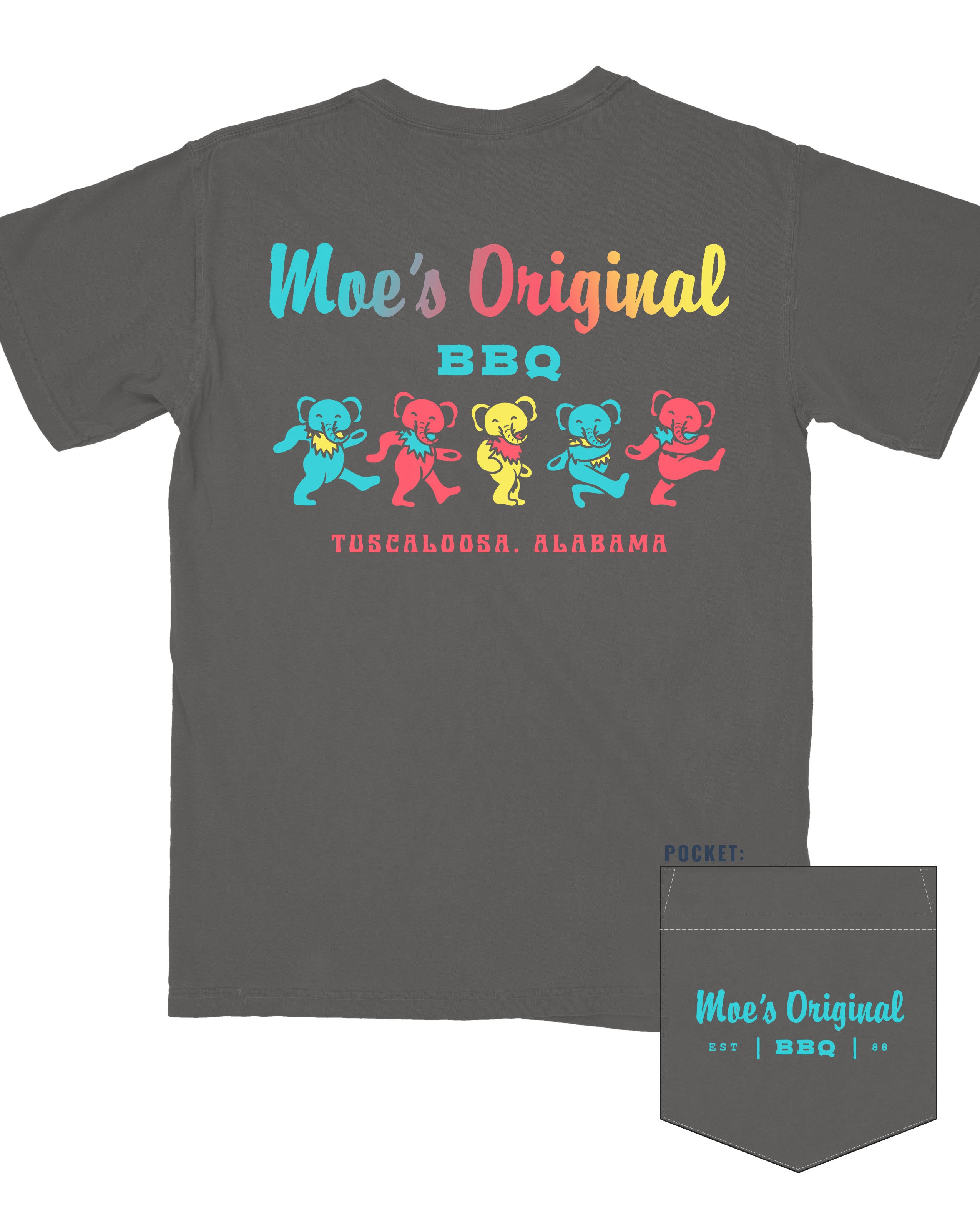 Moe's Grey Grateful Elephant T-Shirt with text "Moe's Original BBQ" above five dancing elephants