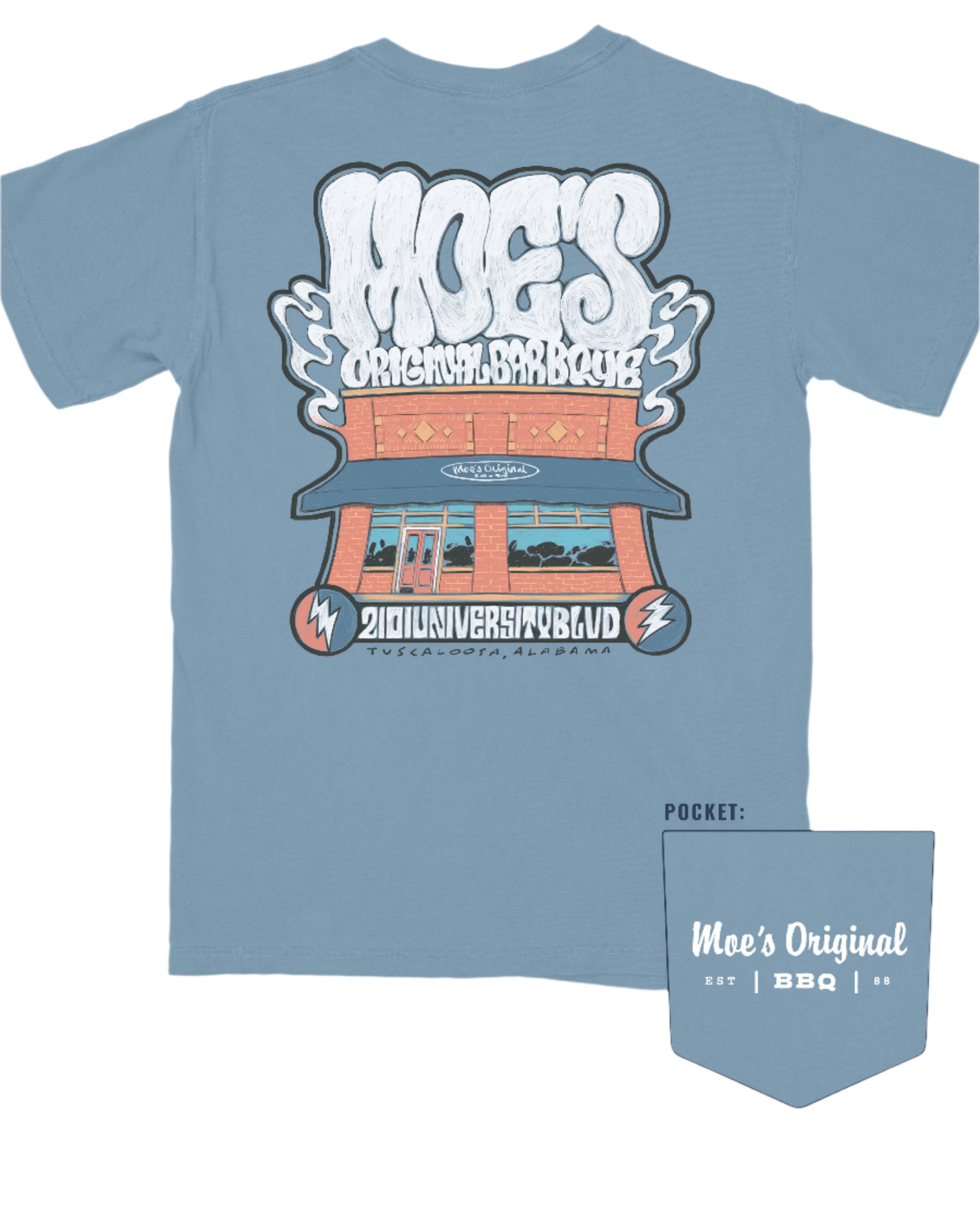 Moe's Ice Blue T-Shirt with White text "Moe's Original Barbeque" above an illustration of the Moe's Building