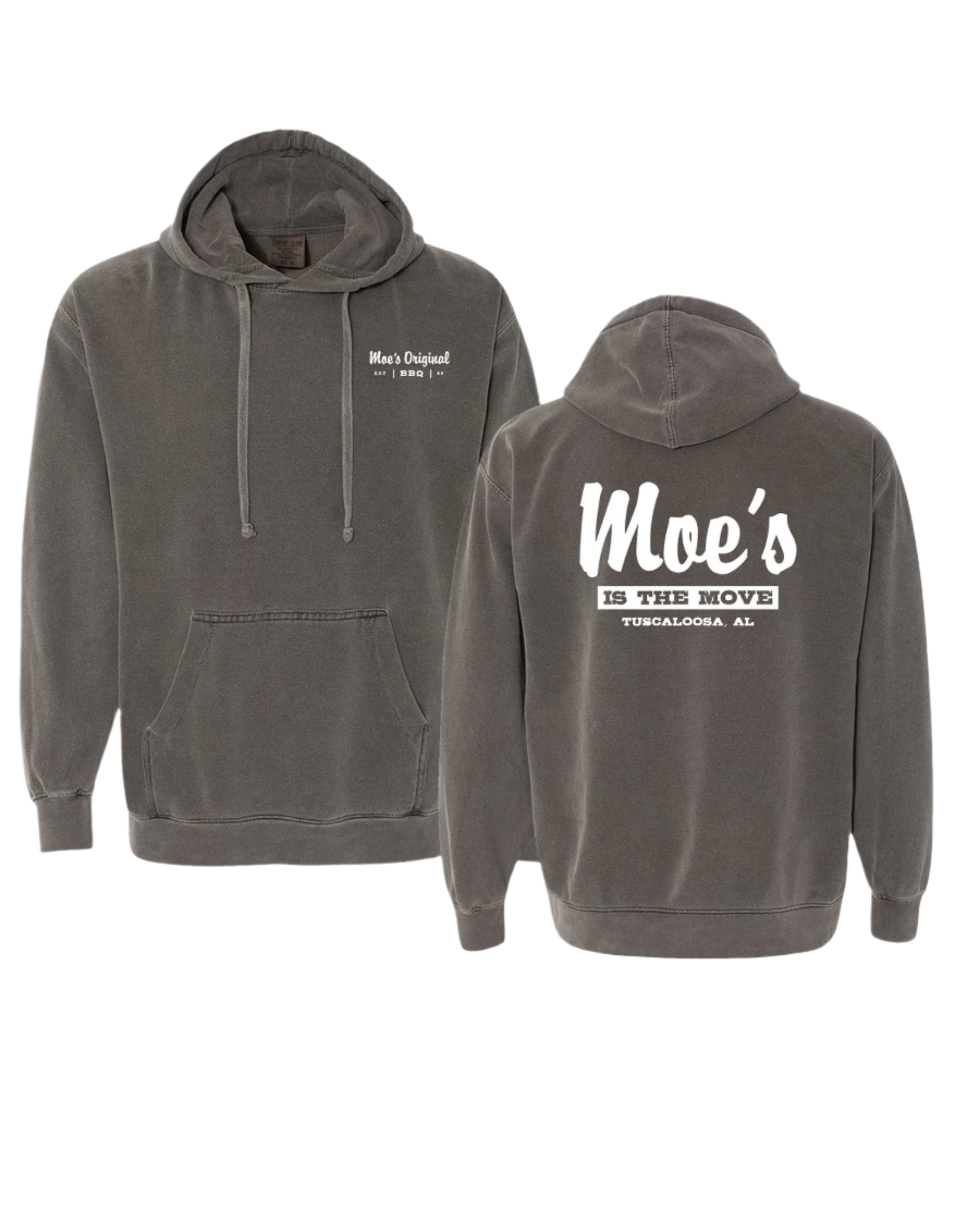 Moe's Grey Hoodie with White text "Moe's IS THE Move" printed on the back