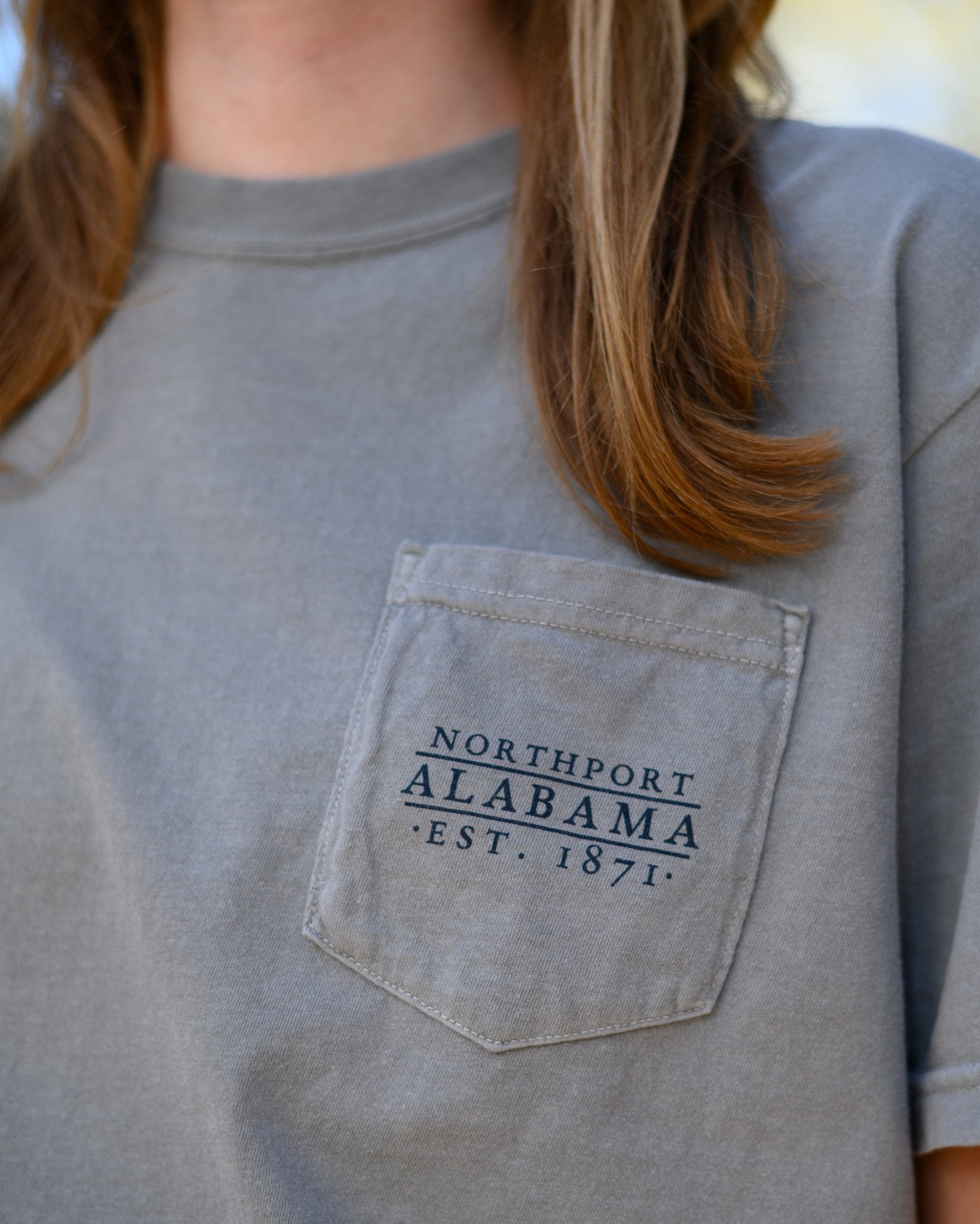 Local Merch Front Pocket Design Featuring Text “Northport Alabama EST 1871”